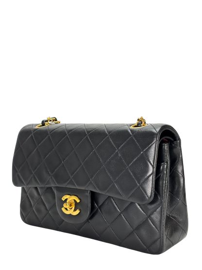 CHANEL - Small Classic Double Flap Bag Black Lambskin Gold Hardware (CF23)