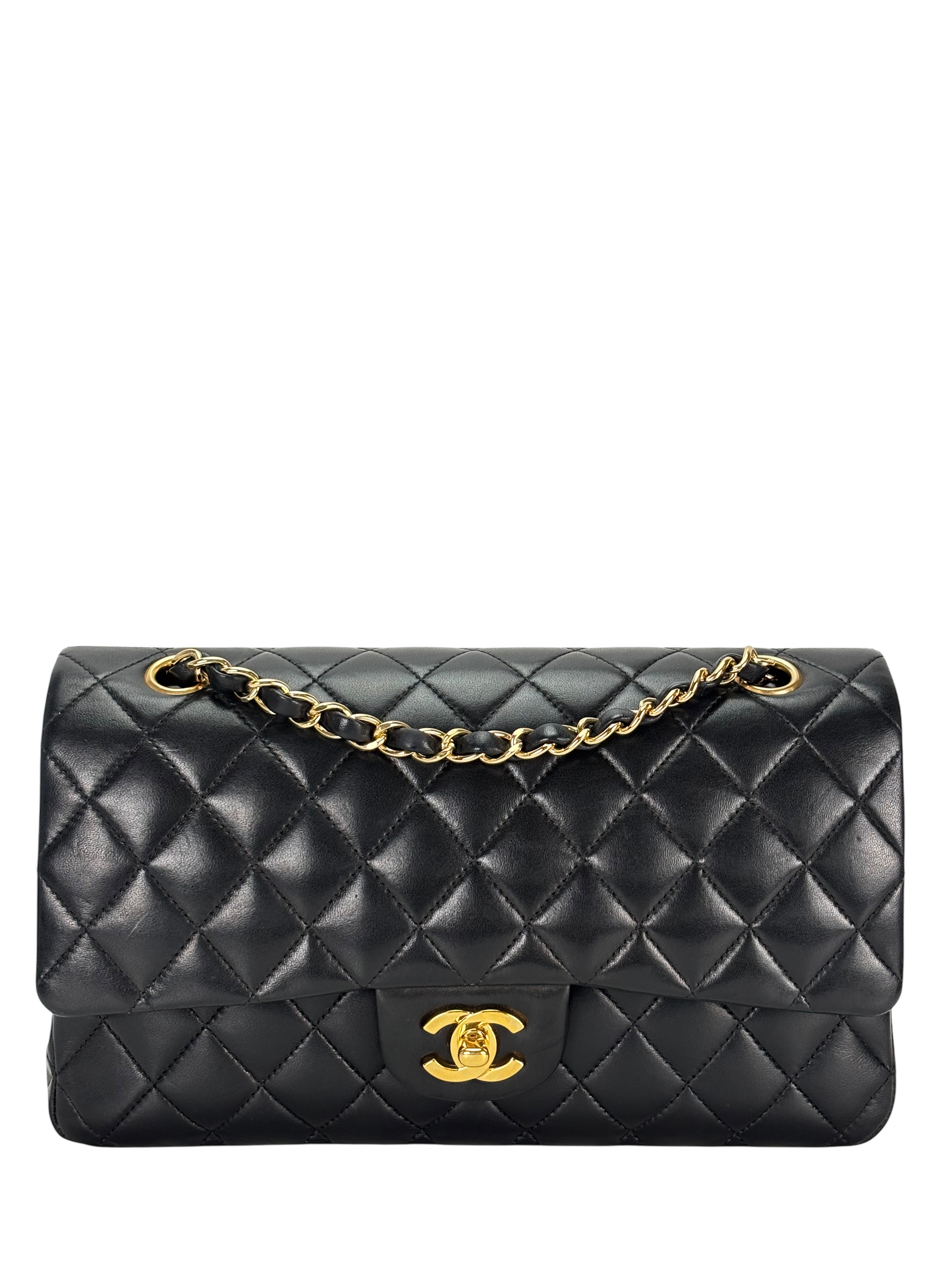 CHANEL - Medium Classic Double Flap Bag Black Lambskin Gold Hardware (CF25)