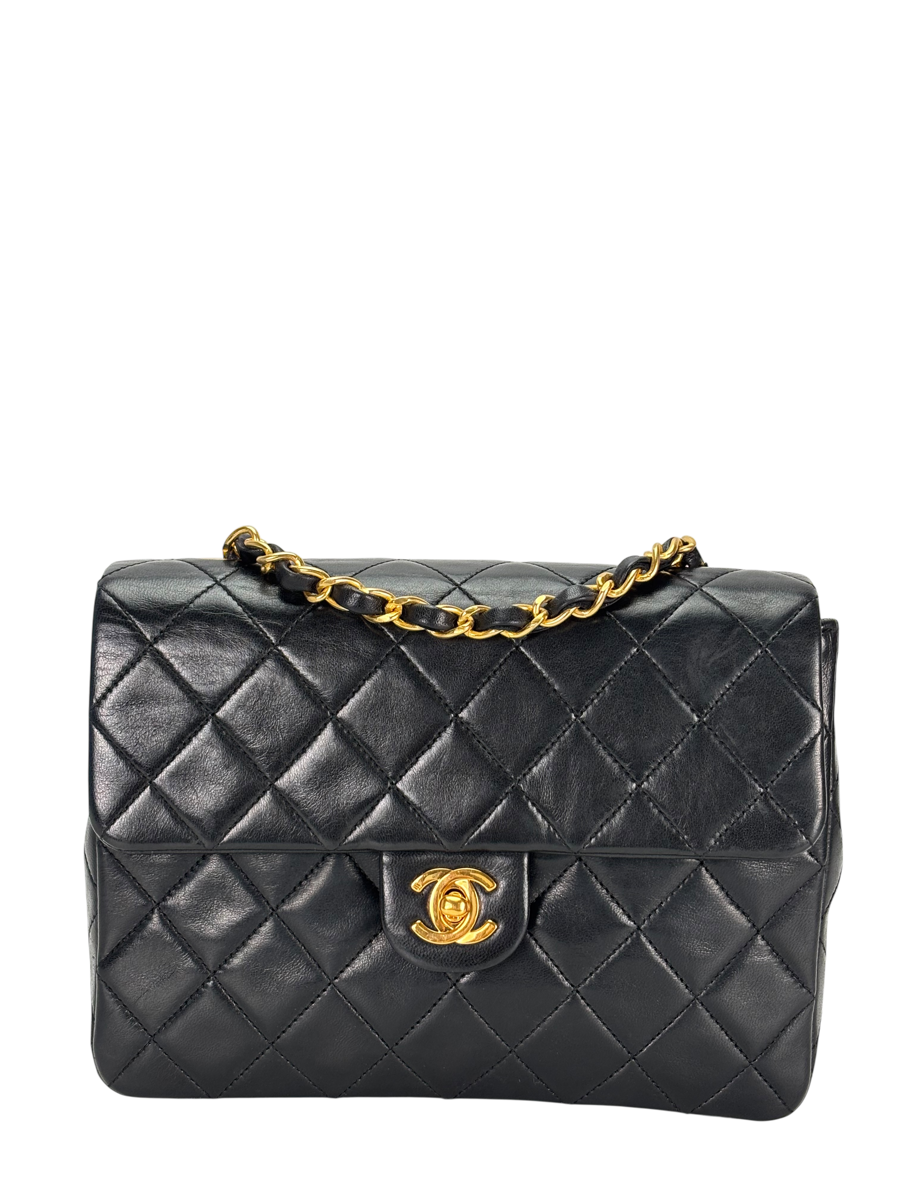 CHANEL - Black Lambskin Mini Classic Square Flap Shoulder Bag 20