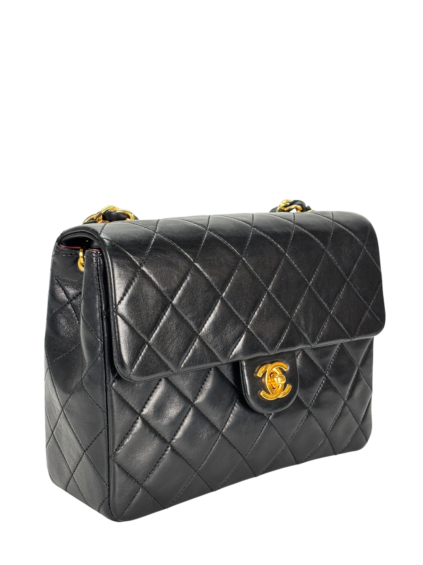 CHANEL - Black Lambskin Mini Classic Square Flap Shoulder Bag 20