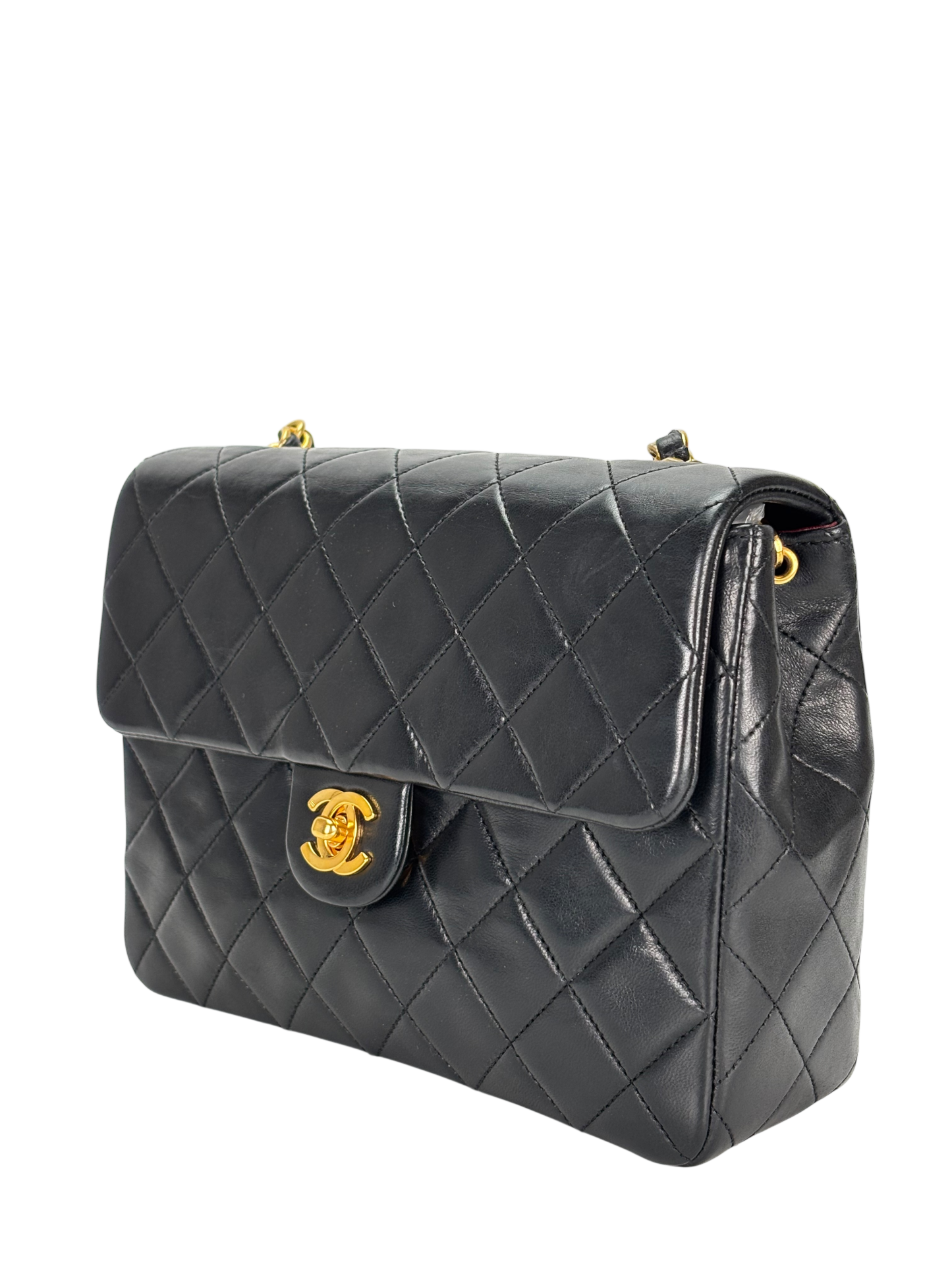 CHANEL - Black Lambskin Mini Classic Square Flap Shoulder Bag 20