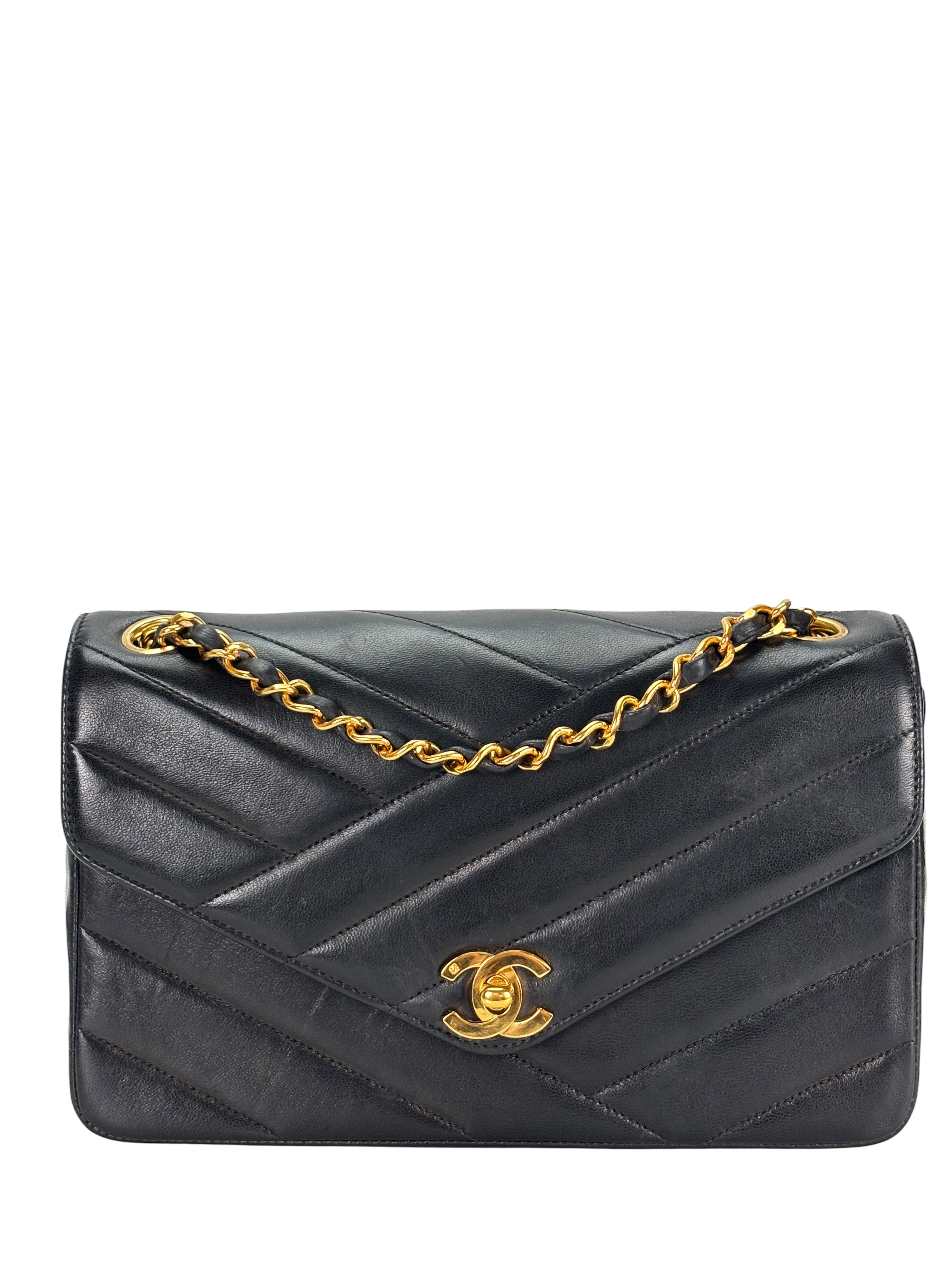 CHANEL - Small Chevron Double Flap Bag Black Lambskin Gold Hardware (CF23)