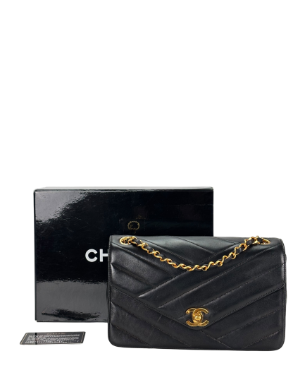 CHANEL - Small Chevron Double Flap Bag Black Lambskin Gold Hardware (CF23)