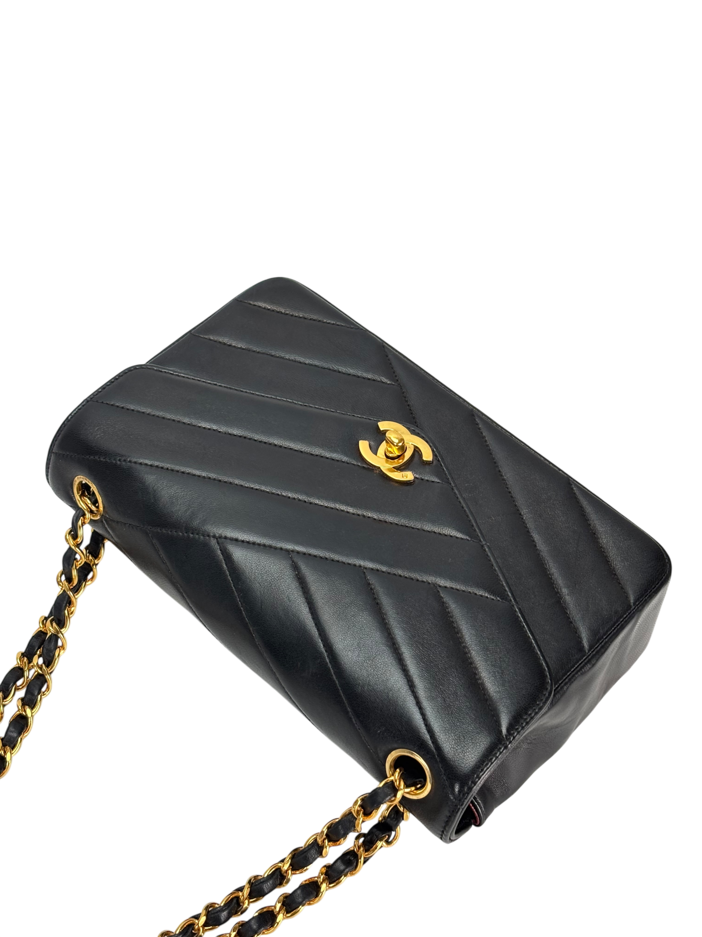 CHANEL - Small Chevron Double Flap Bag Black Lambskin Gold Hardware (CF23)