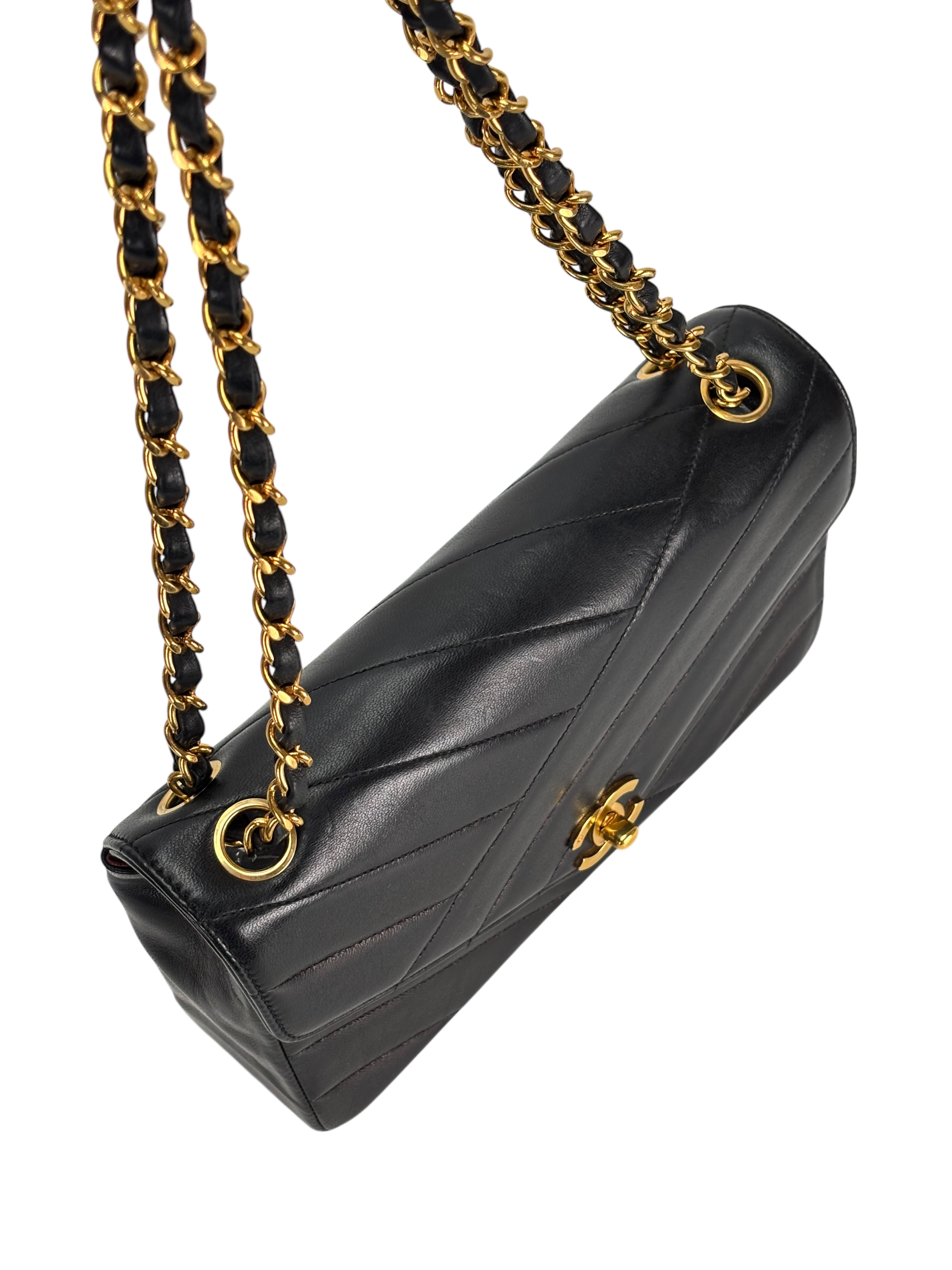 CHANEL - Small Chevron Double Flap Bag Black Lambskin Gold Hardware (CF23)