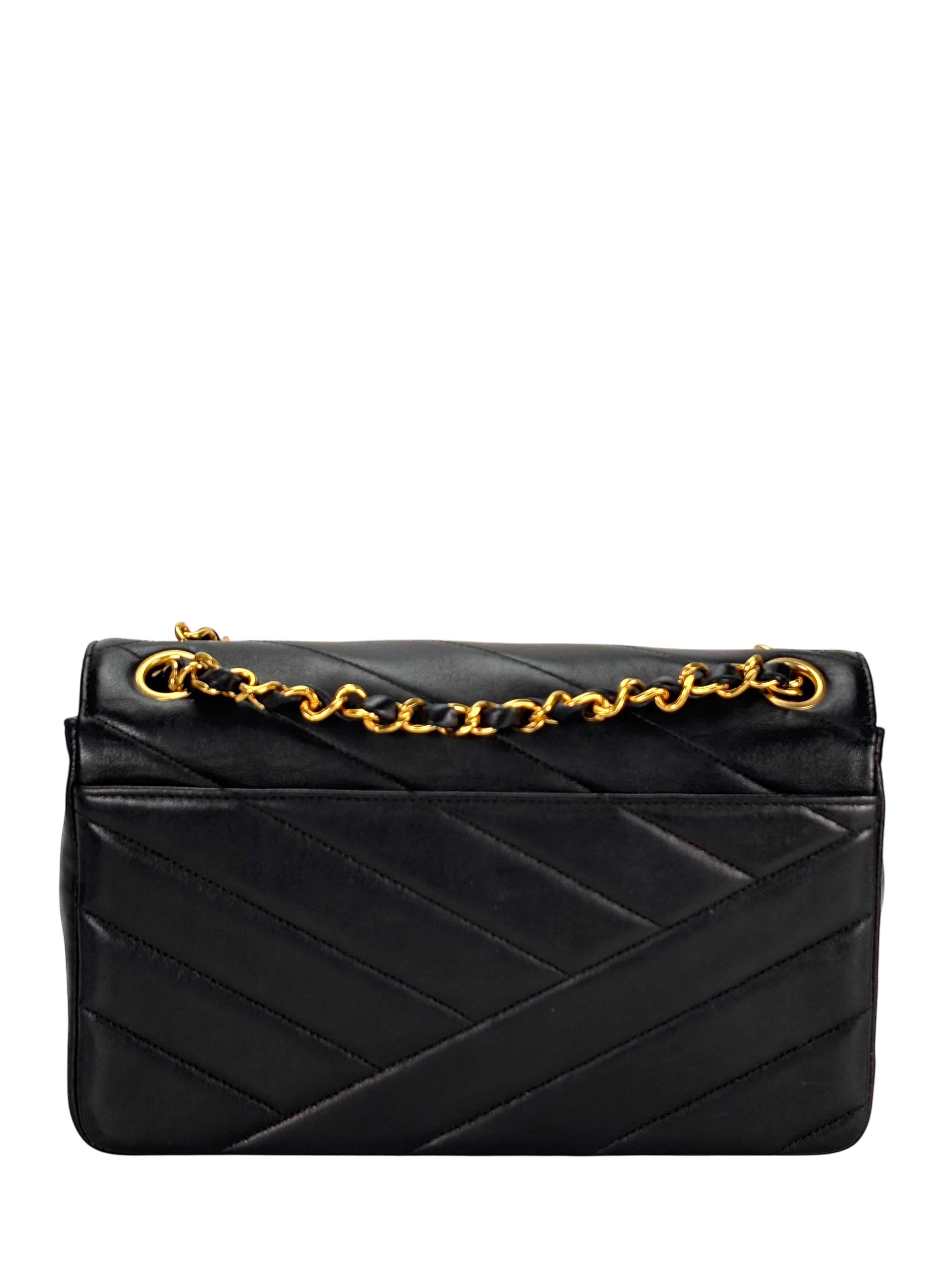 CHANEL - Small Chevron Double Flap Bag Black Lambskin Gold Hardware (CF23)