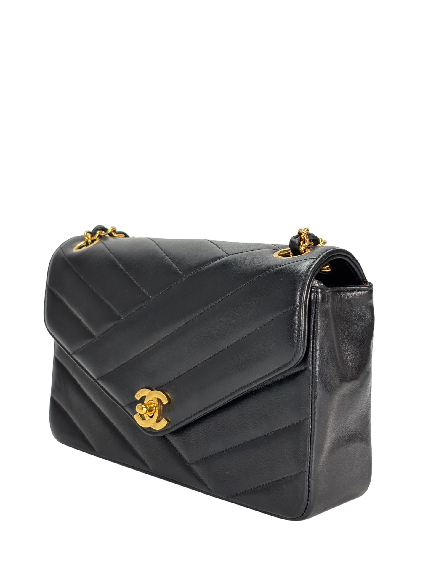CHANEL - Small Chevron Double Flap Bag Black Lambskin Gold Hardware (CF23)