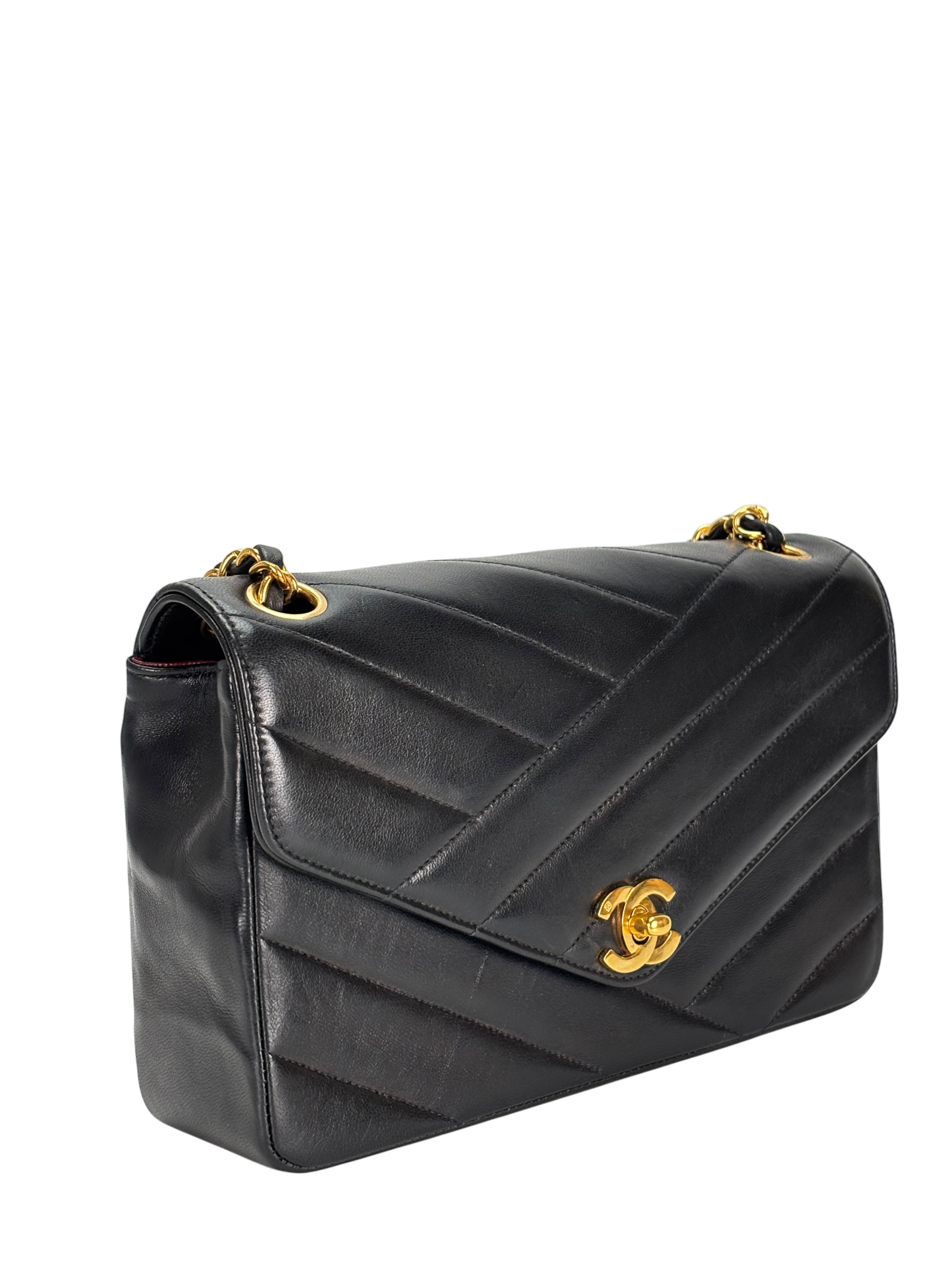CHANEL - Small Chevron Double Flap Bag Black Lambskin Gold Hardware (CF23)