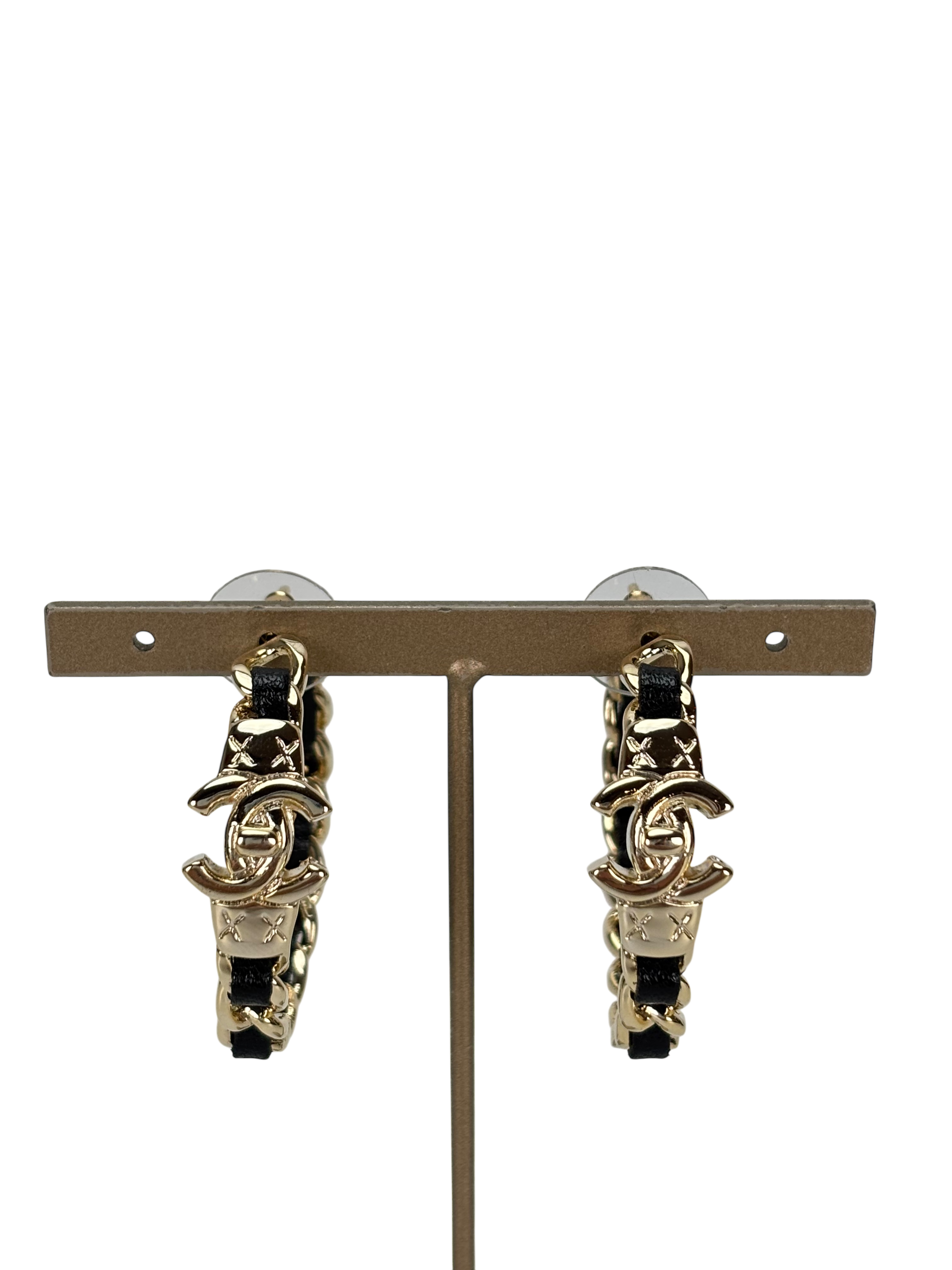 CHANEL - Black Gold Hoop Turnlock Chain Trim Earrings