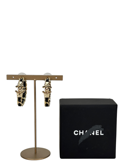CHANEL - Black Gold Hoop Turnlock Chain Trim Earrings