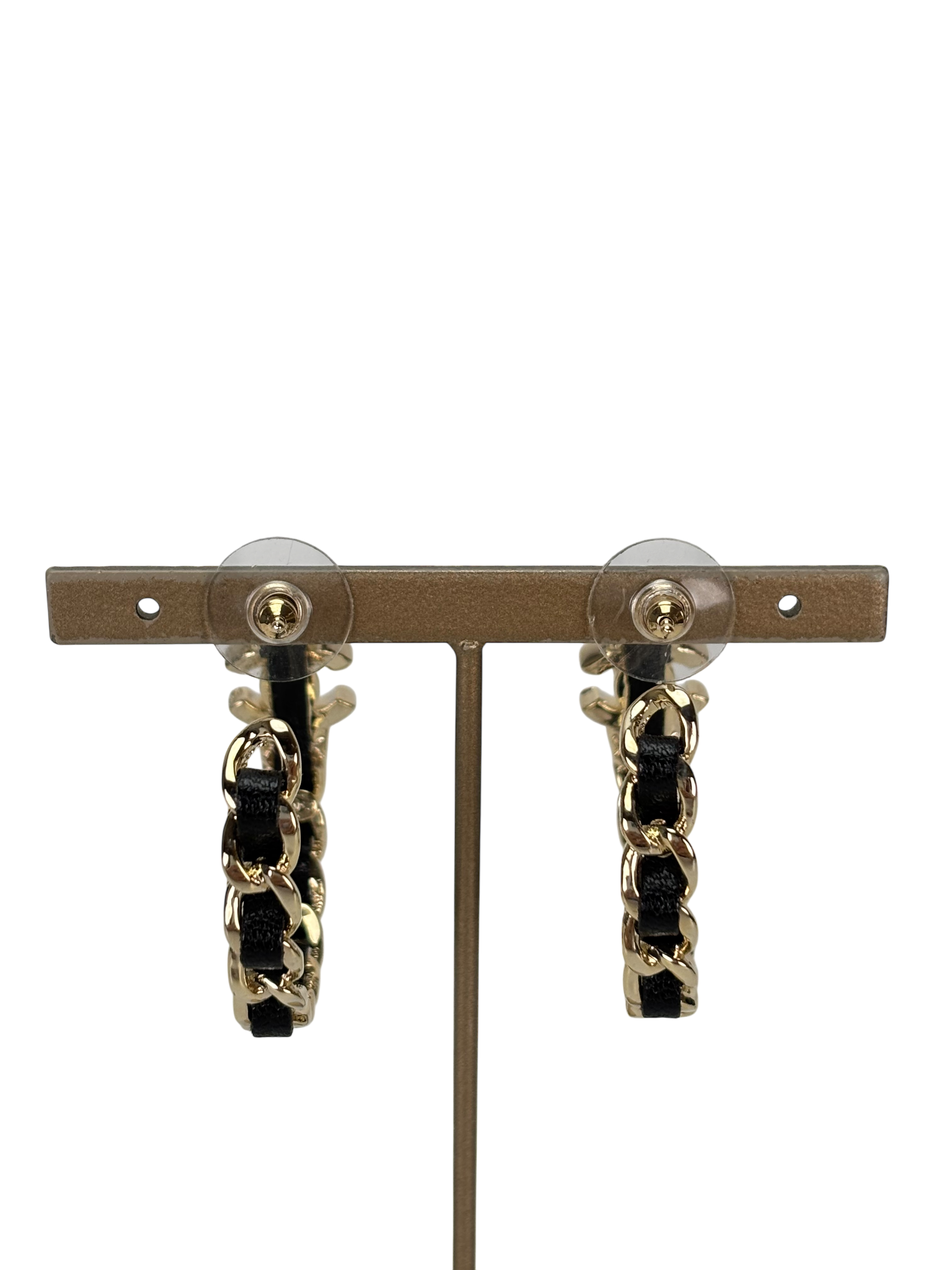 CHANEL - Black Gold Hoop Turnlock Chain Trim Earrings