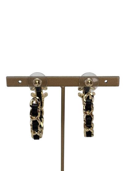 CHANEL - Black Gold Hoop Turnlock Chain Trim Earrings