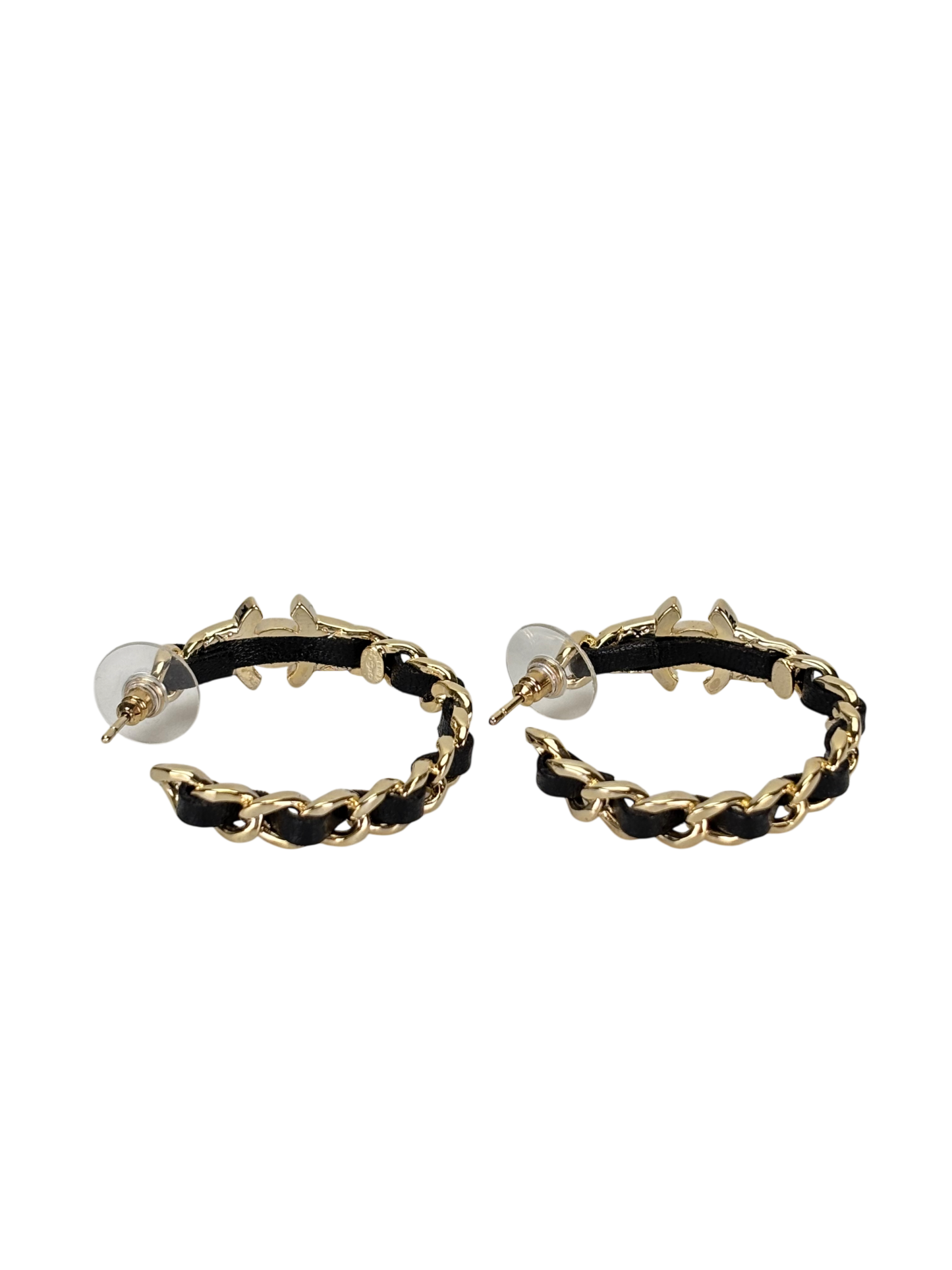 CHANEL - Black Gold Hoop Turnlock Chain Trim Earrings