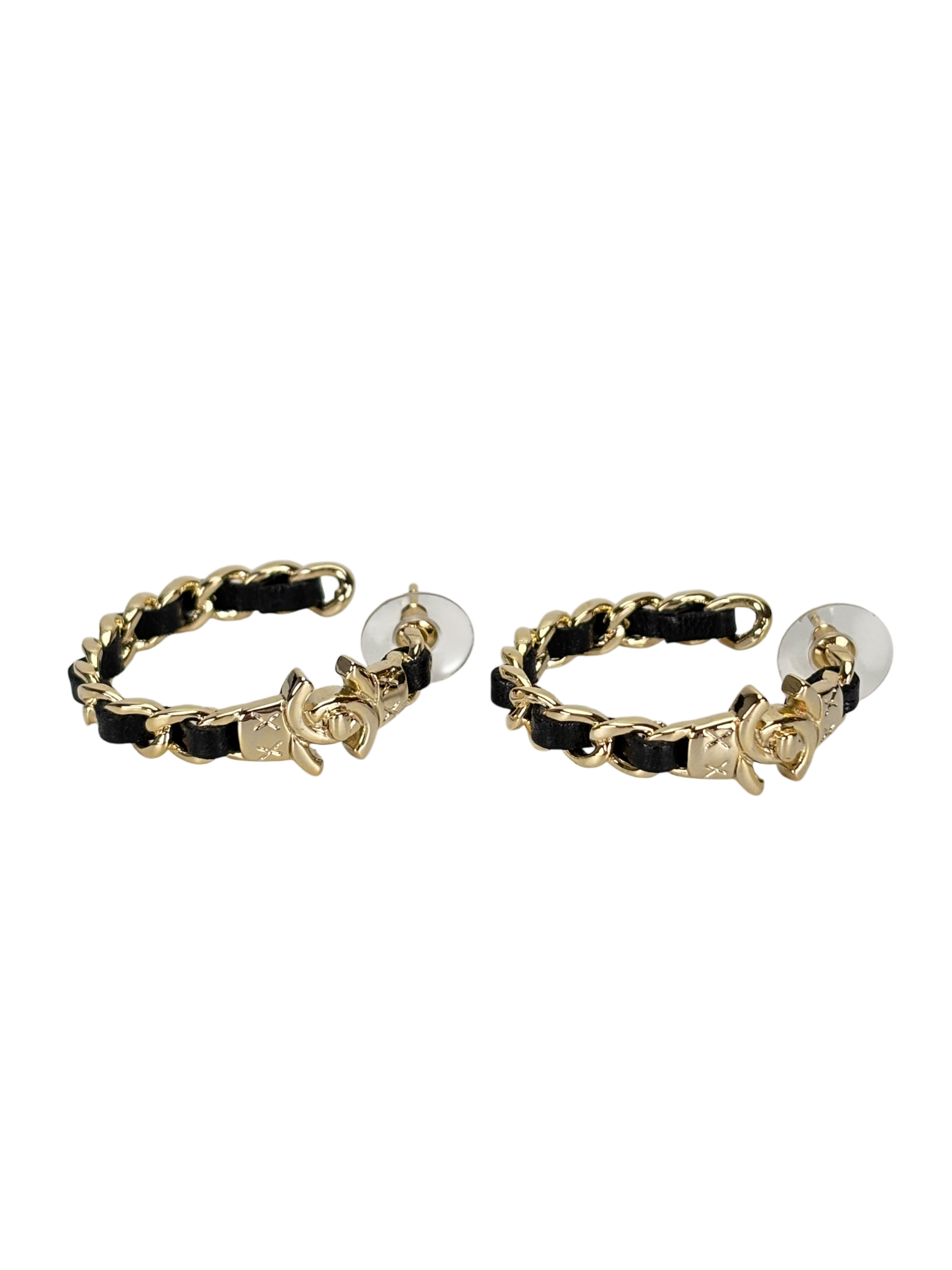 CHANEL - Black Gold Hoop Turnlock Chain Trim Earrings