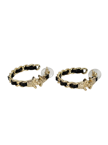 CHANEL - Black Gold Hoop Turnlock Chain Trim Earrings