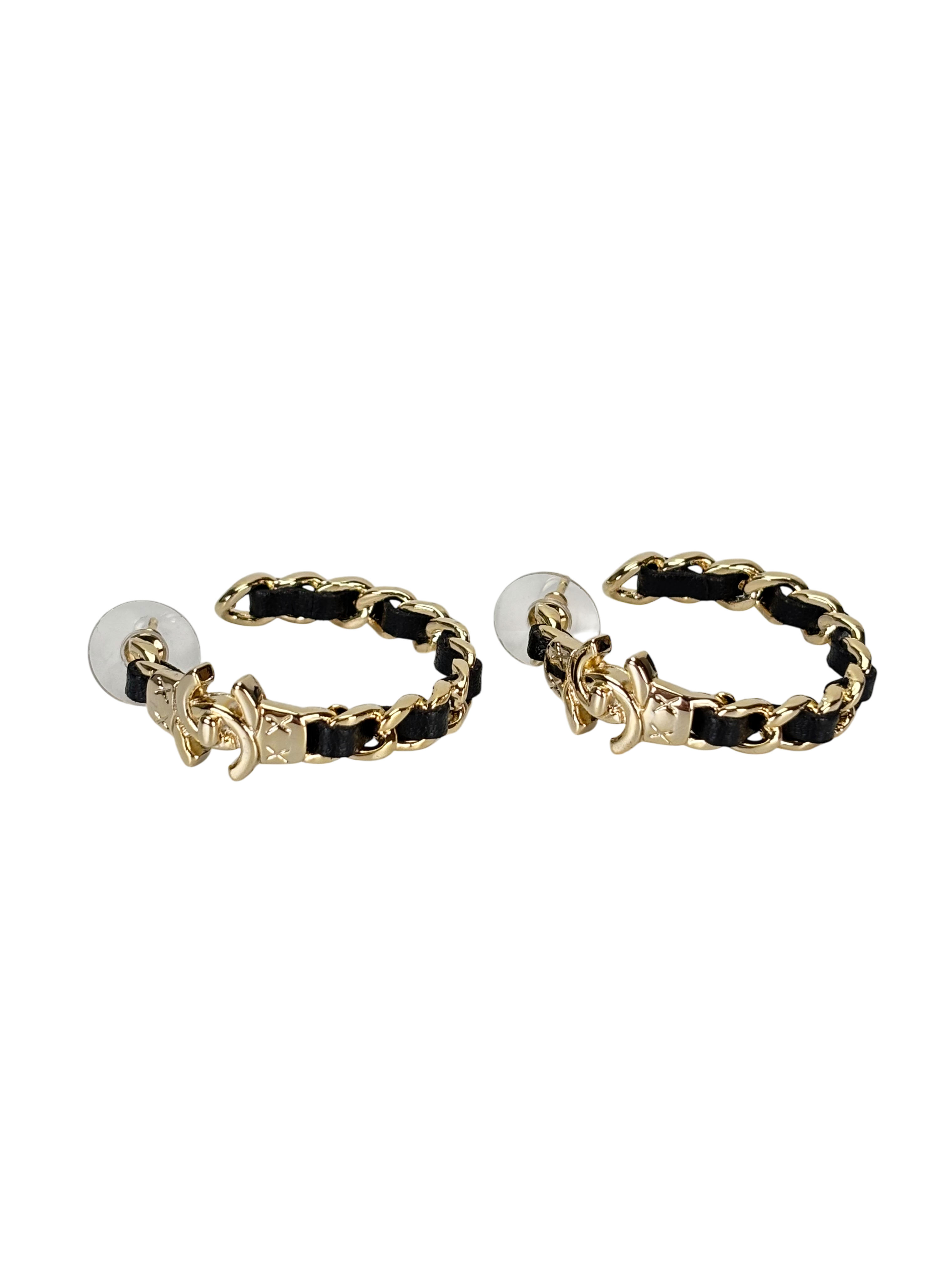 CHANEL - Black Gold Hoop Turnlock Chain Trim Earrings
