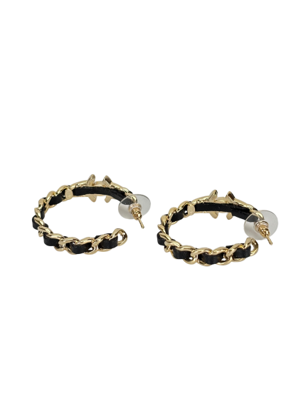 CHANEL - Black Gold Hoop Turnlock Chain Trim Earrings