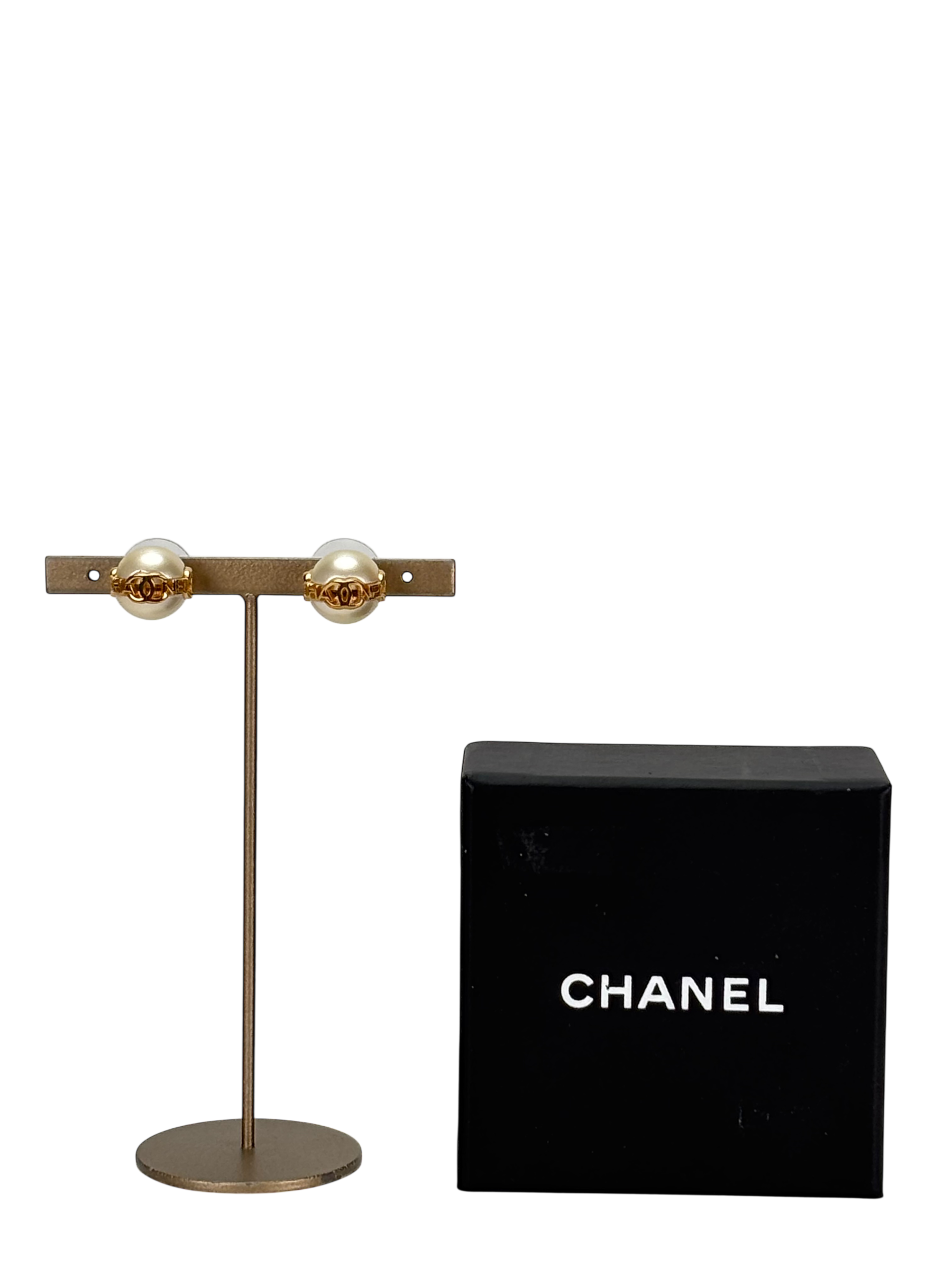 CHANEL - 23K Gold Tone Glass Pearl CC Earrings