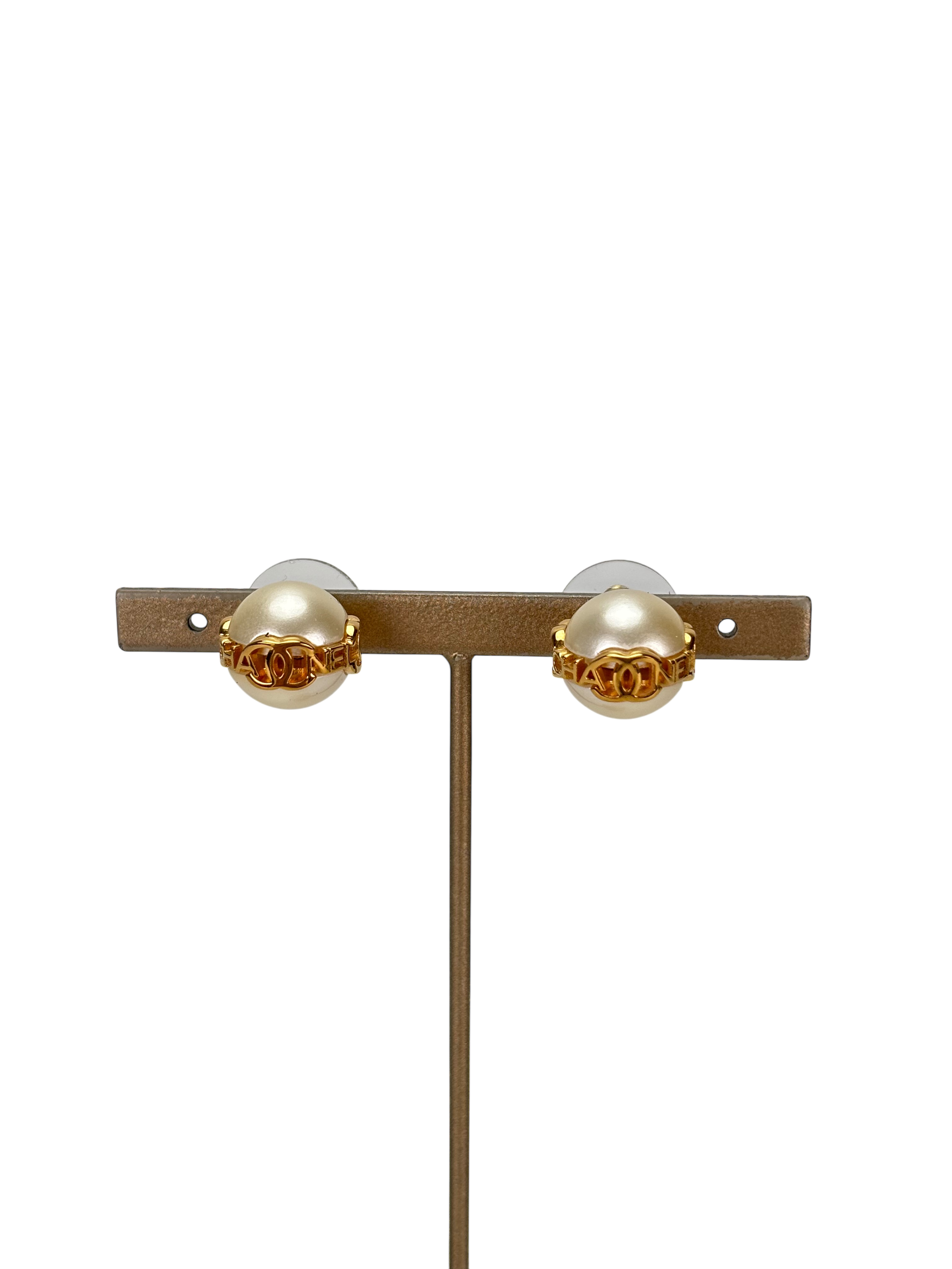 CHANEL - 23K Gold Tone Glass Pearl CC Earrings