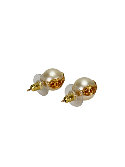 CHANEL - 23K Gold Tone Glass Pearl CC Earrings