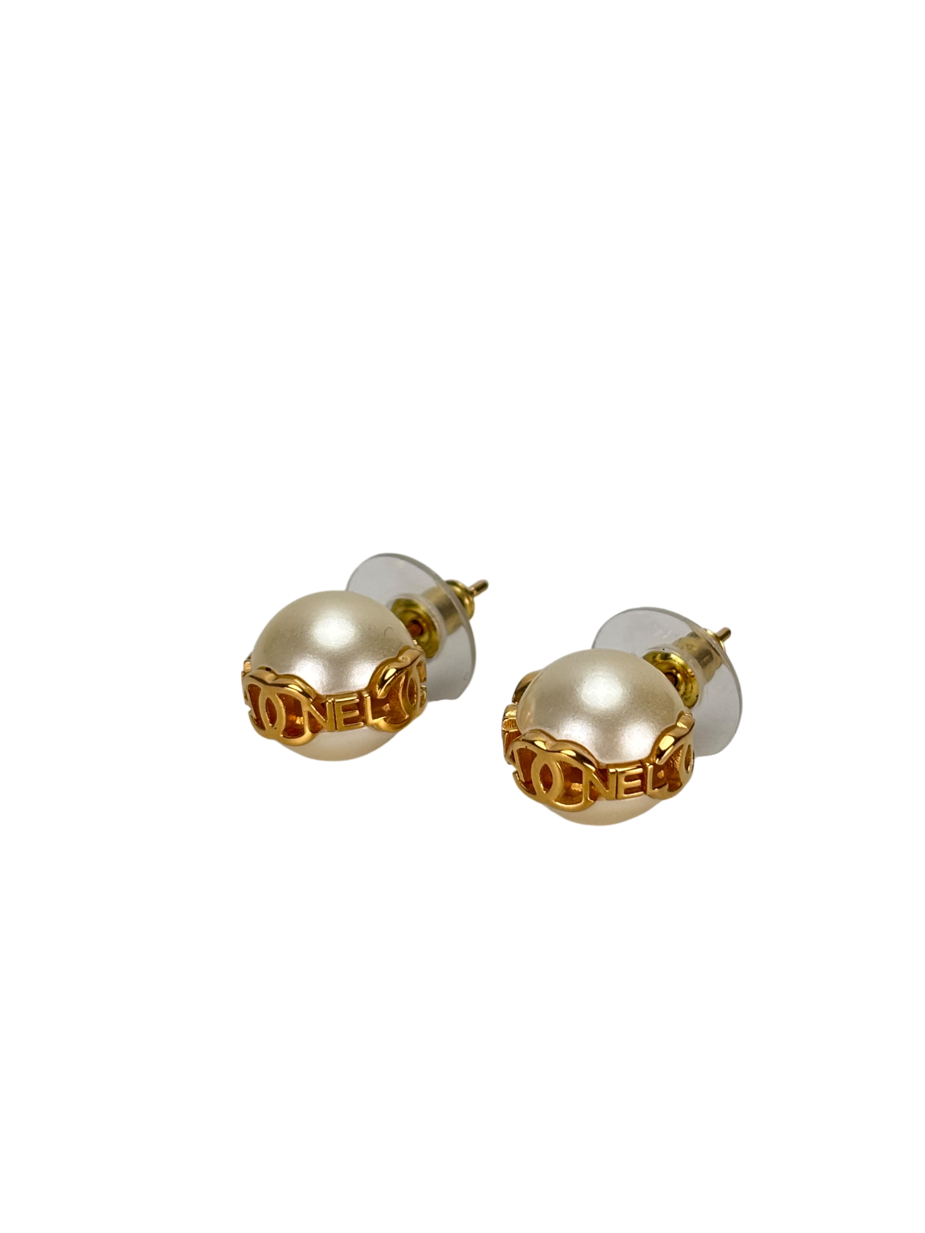 CHANEL - 23K Gold Tone Glass Pearl CC Earrings