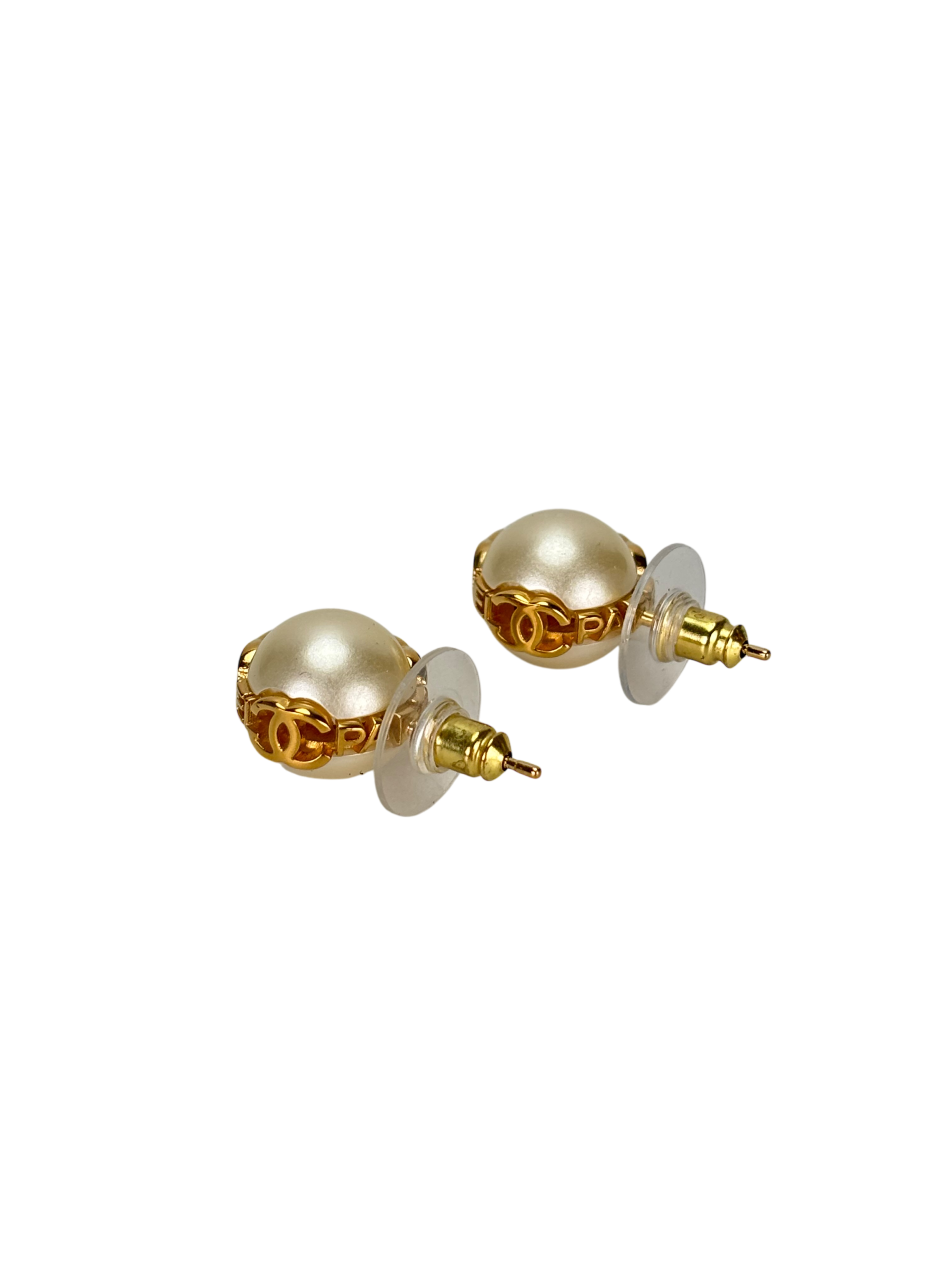 CHANEL - 23K Gold Tone Glass Pearl CC Earrings
