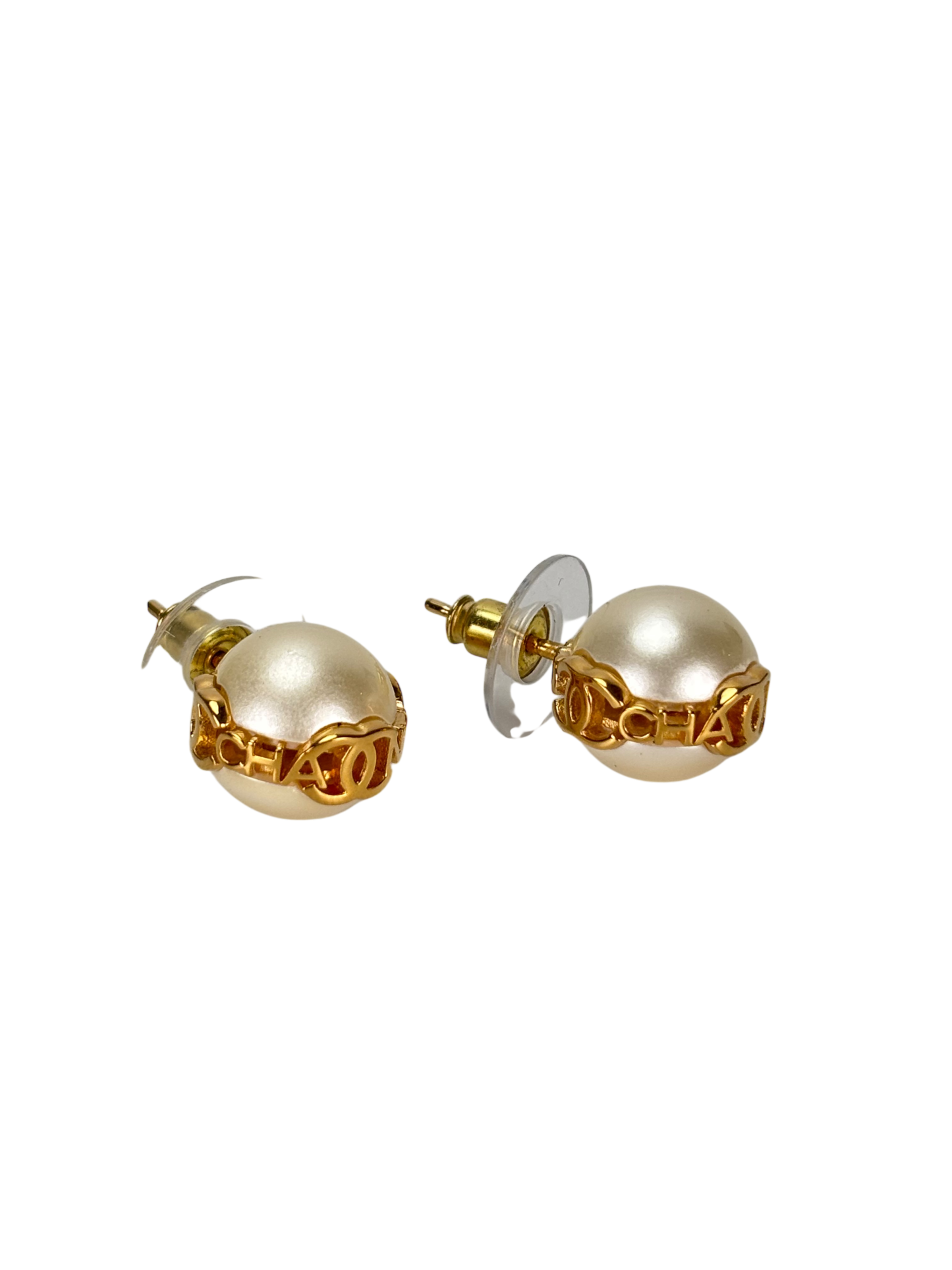 CHANEL - 23K Gold Tone Glass Pearl CC Earrings