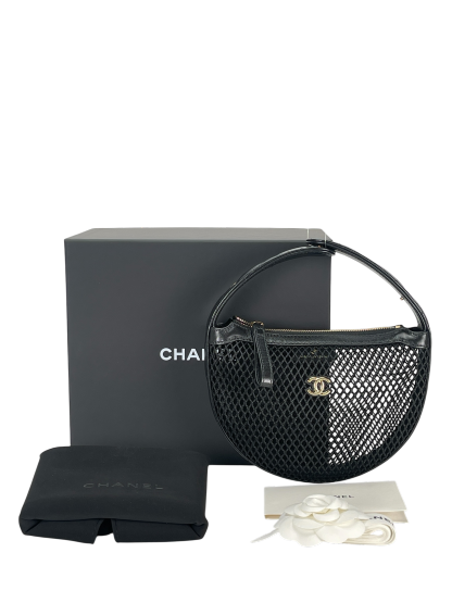 CHANEL - 25S Black Mesh Shiny Lambskin Pouch Hobo 