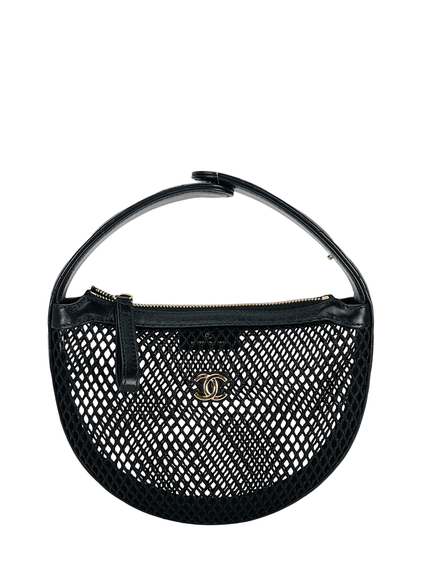 CHANEL - 25S Black Mesh Shiny Lambskin Pouch Hobo 