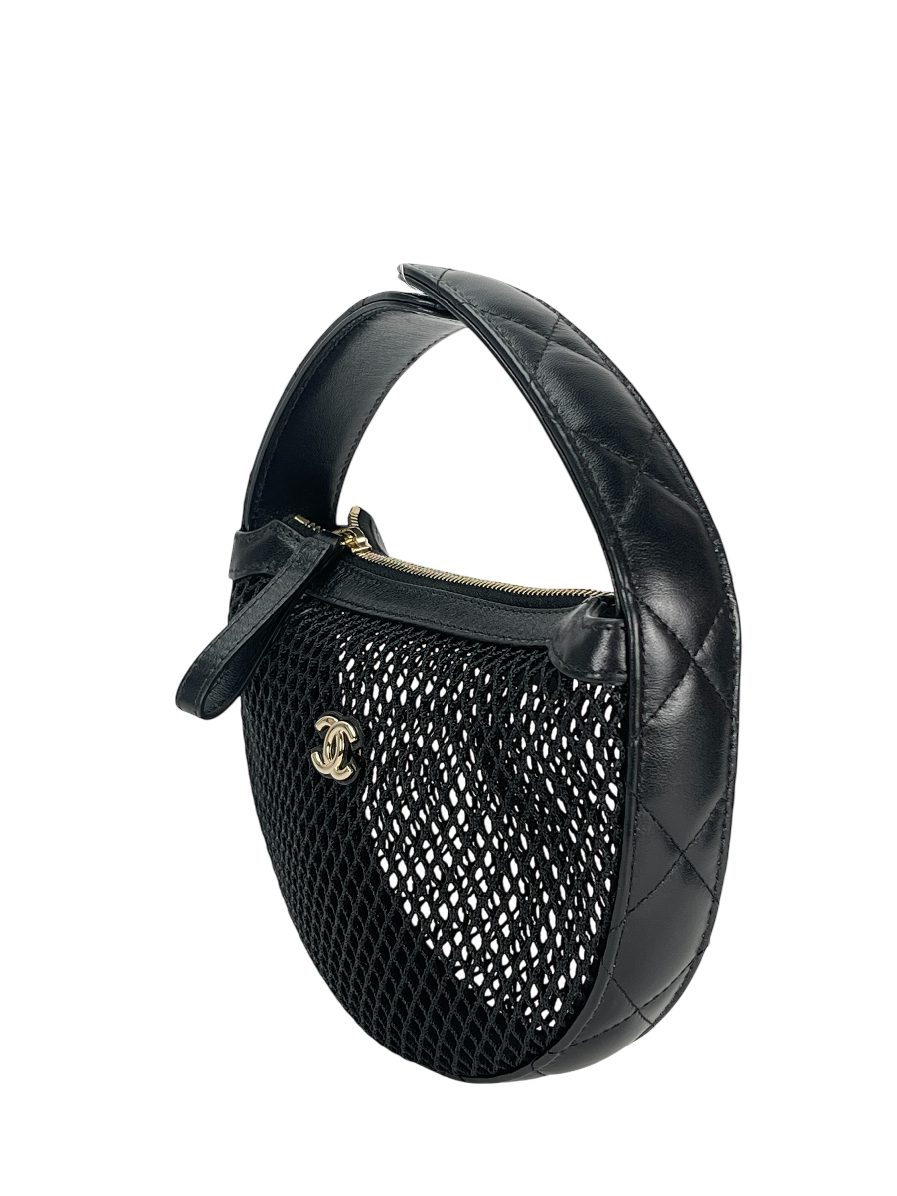 CHANEL - 25S Black Mesh Shiny Lambskin Pouch Hobo 