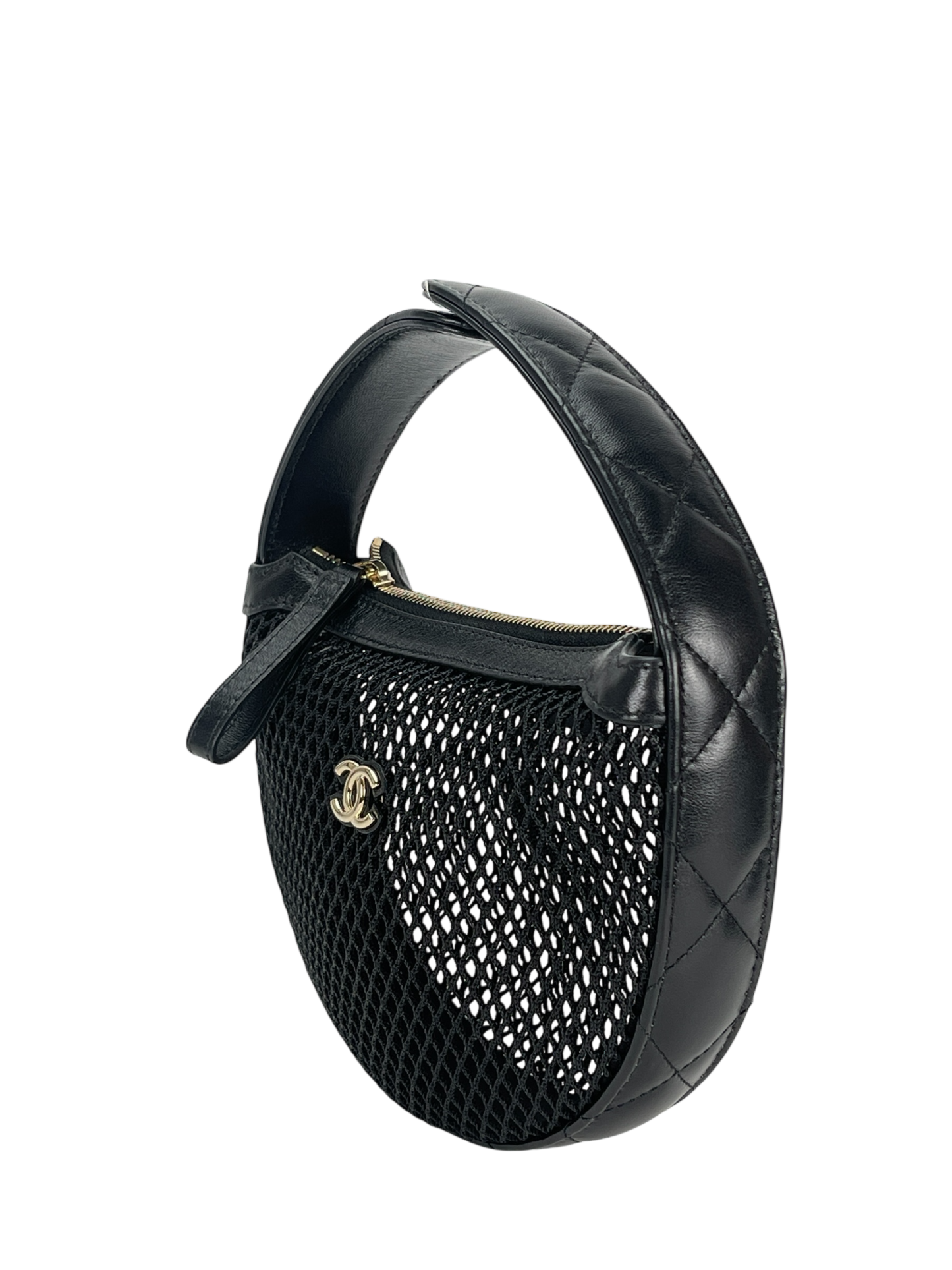 CHANEL - 25S Black Mesh Shiny Lambskin Pouch Hobo 