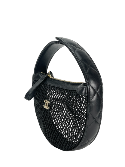 CHANEL - 25S Black Mesh Shiny Lambskin Pouch Hobo 