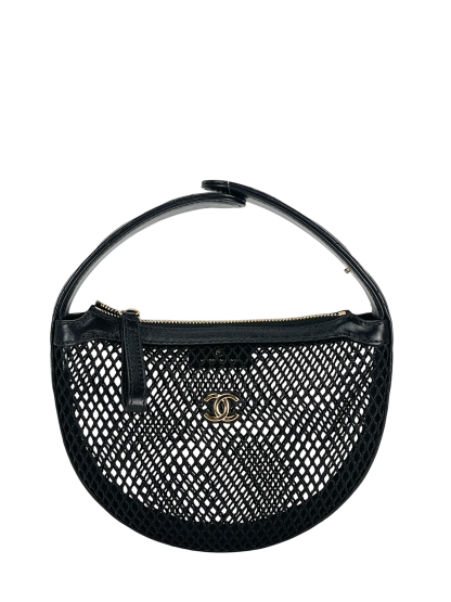 CHANEL - 25S Black Mesh Shiny Lambskin Pouch Hobo 
