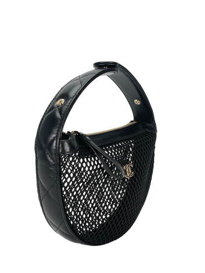 CHANEL - 25S Black Mesh Shiny Lambskin Pouch Hobo 