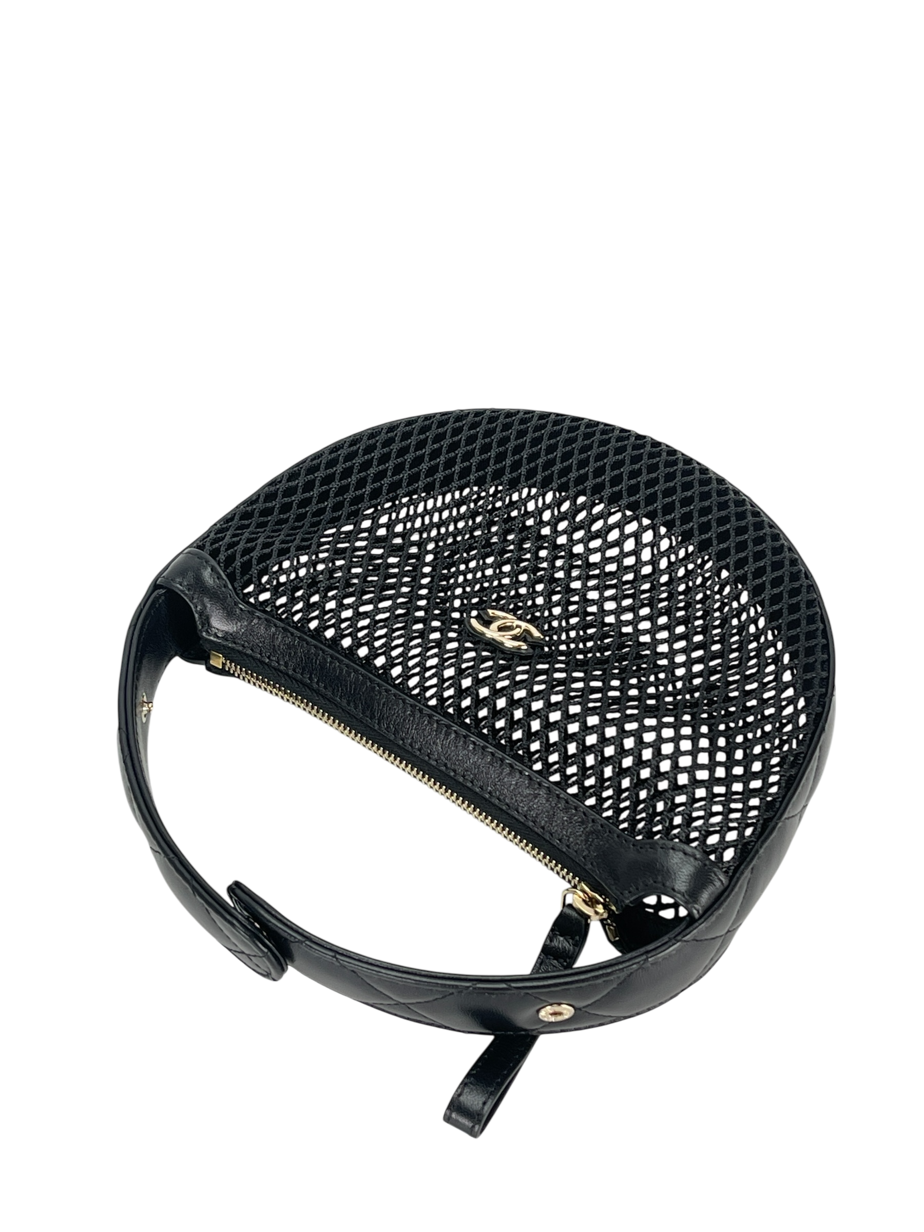 CHANEL - 25S Black Mesh Shiny Lambskin Pouch Hobo 
