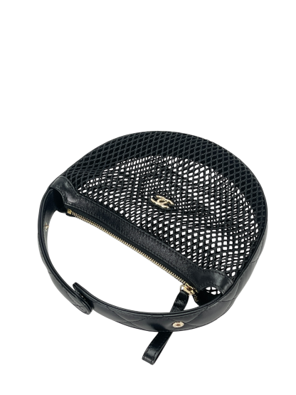 CHANEL - 25S Black Mesh Shiny Lambskin Pouch Hobo 