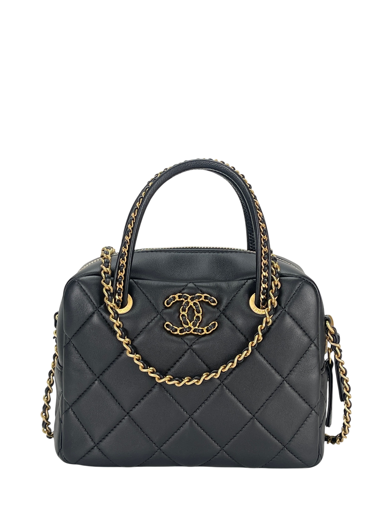 CHANEL - Black Lambskin Bowling Chain Shoulder Bag
