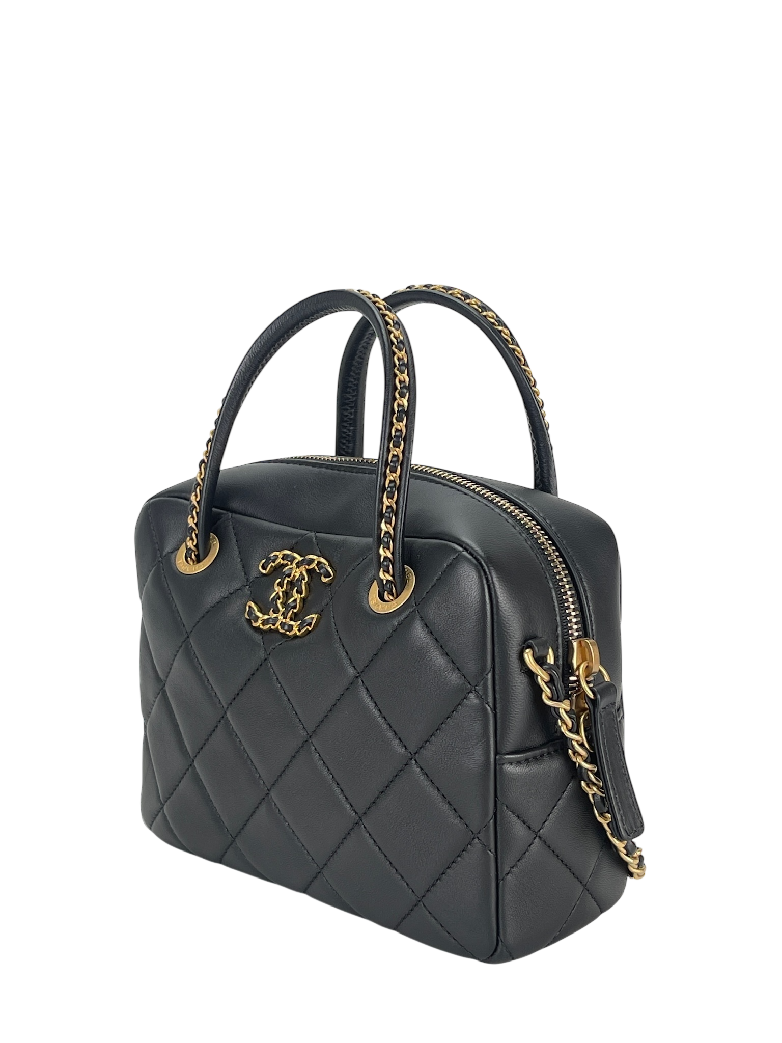 CHANEL - Black Lambskin Bowling Chain Shoulder Bag