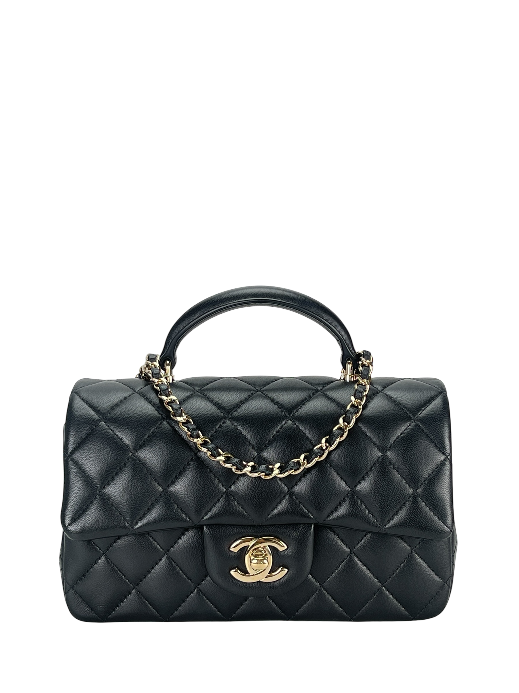 CHANEL - Top Handle Mini Matlasse 20 Lambskin Single Flap Chain Bag Black Gold Hardware