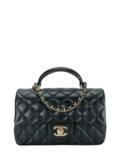 CHANEL - Top Handle Mini Matlasse 20 Lambskin Single Flap Chain Bag Black Gold Hardware