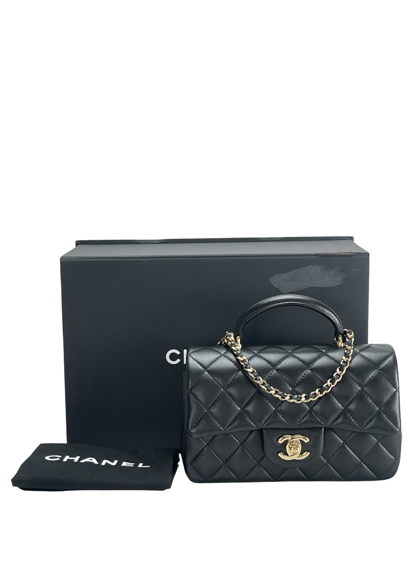CHANEL - Top Handle Mini Matlasse 20 Lambskin Single Flap Chain Bag Black Gold Hardware