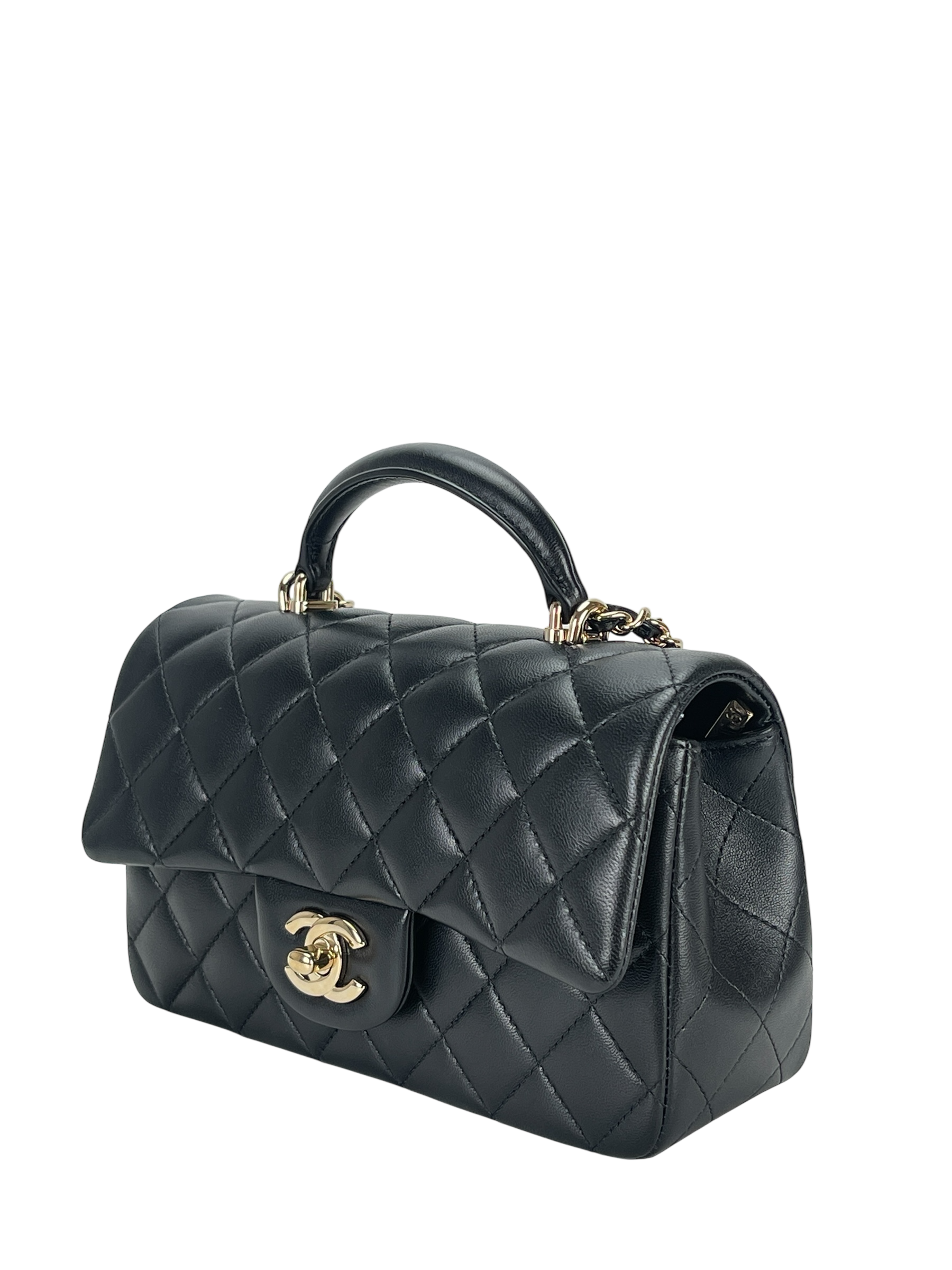 CHANEL - Top Handle Mini Matlasse 20 Lambskin Single Flap Chain Bag Black Gold Hardware