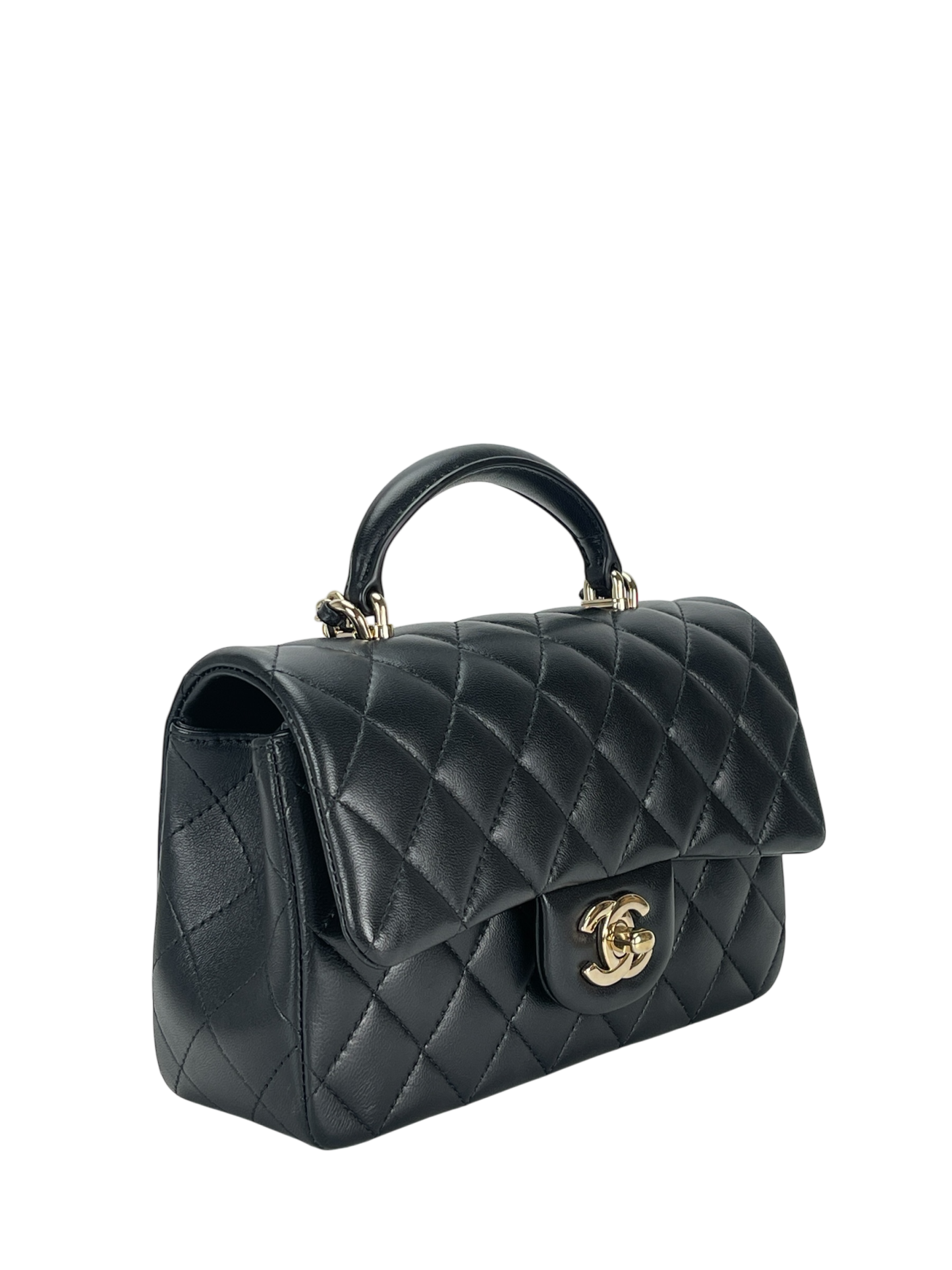 CHANEL - Top Handle Mini Matlasse 20 Lambskin Single Flap Chain Bag Black Gold Hardware