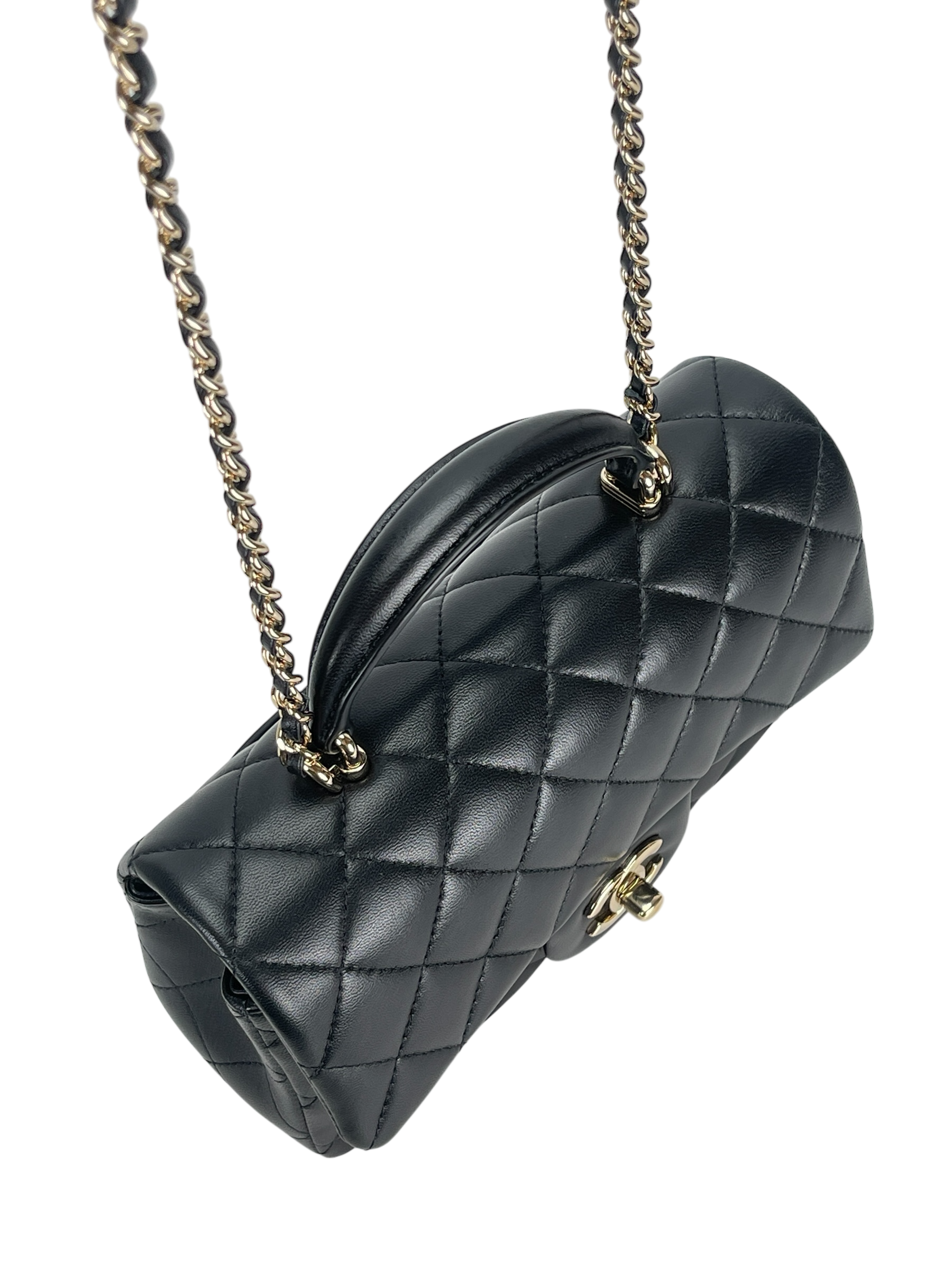 CHANEL - Top Handle Mini Matlasse 20 Lambskin Single Flap Chain Bag Black Gold Hardware