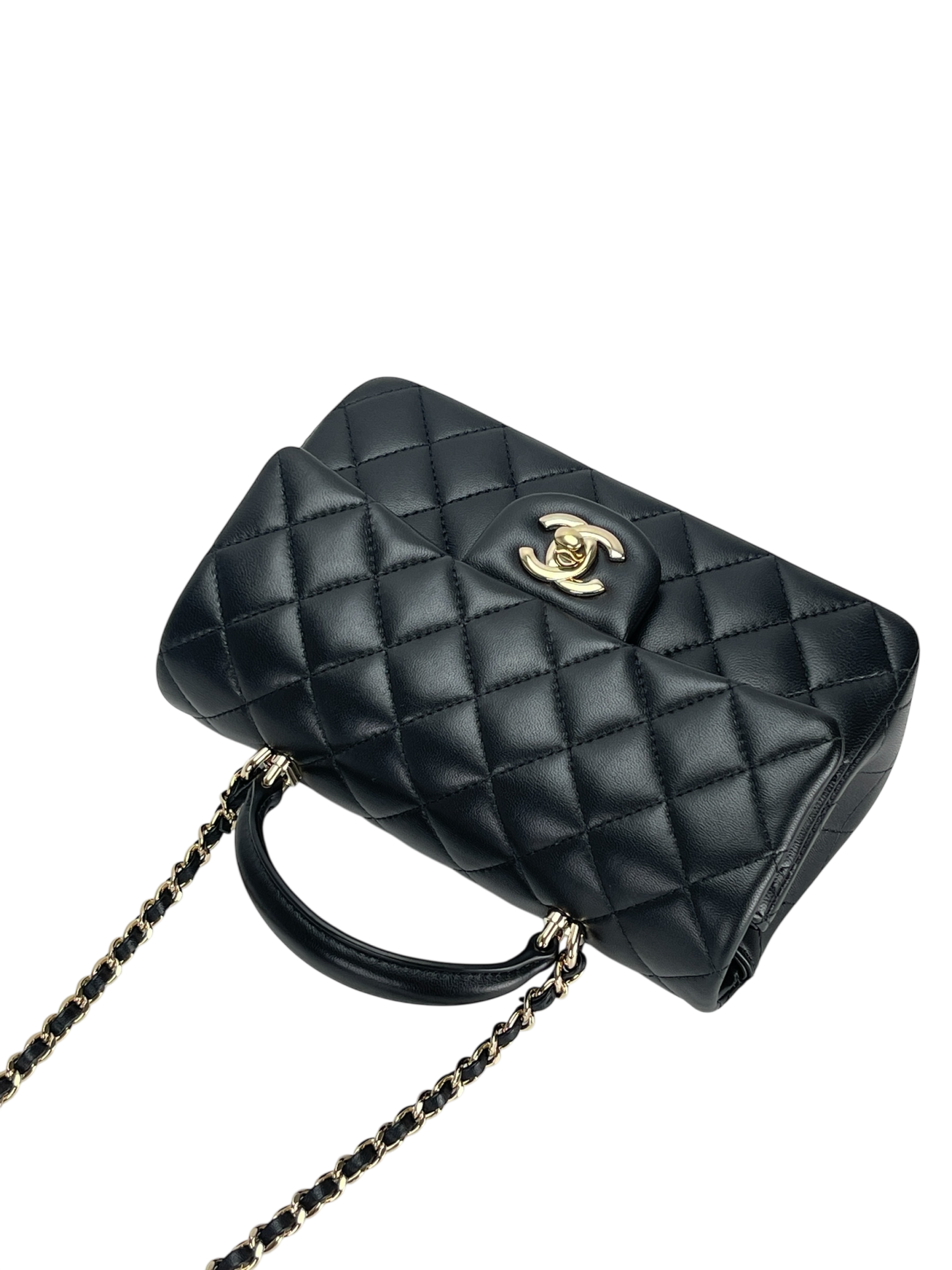 CHANEL - Top Handle Mini Matlasse 20 Lambskin Single Flap Chain Bag Black Gold Hardware