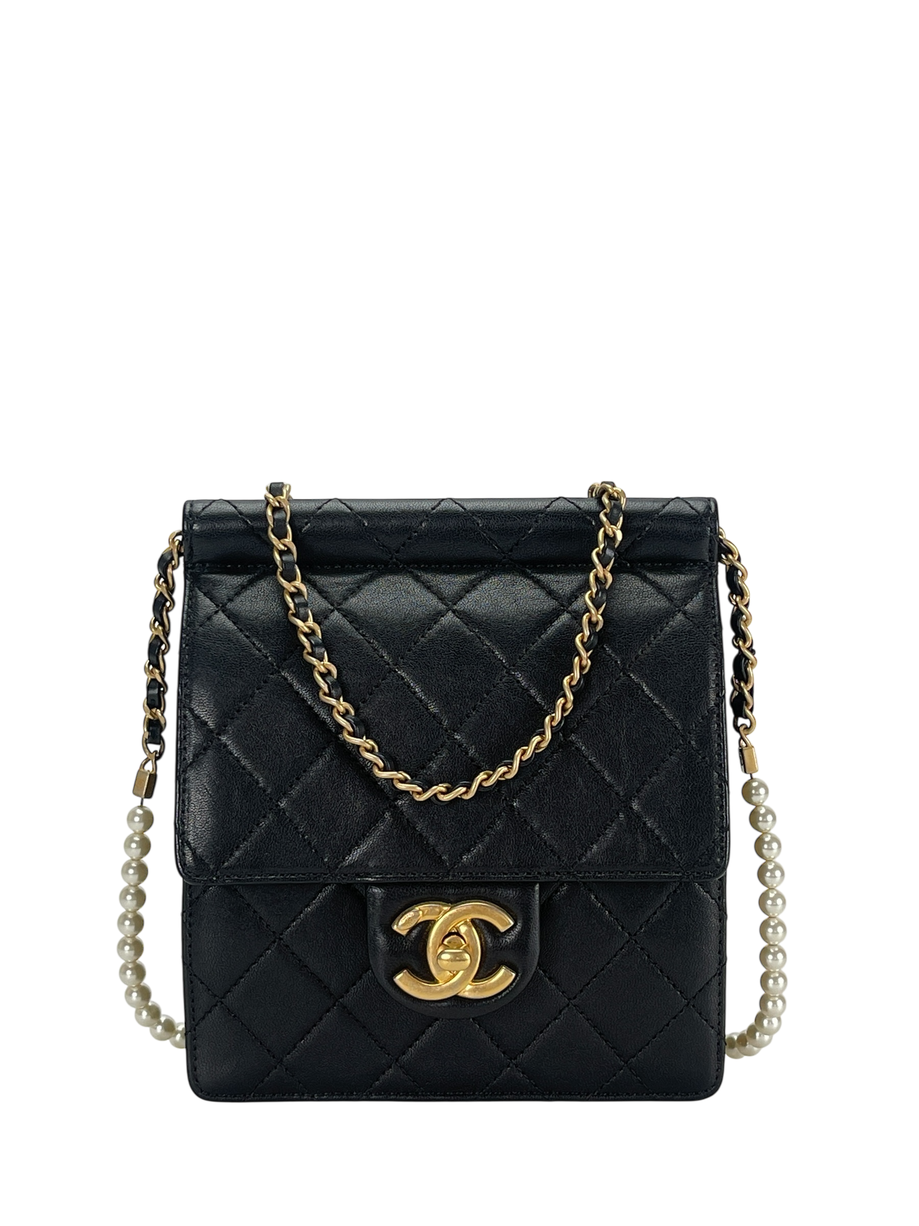 CHANEL - Black Lambskin Rucksack Vertical Pearls Flap Bag