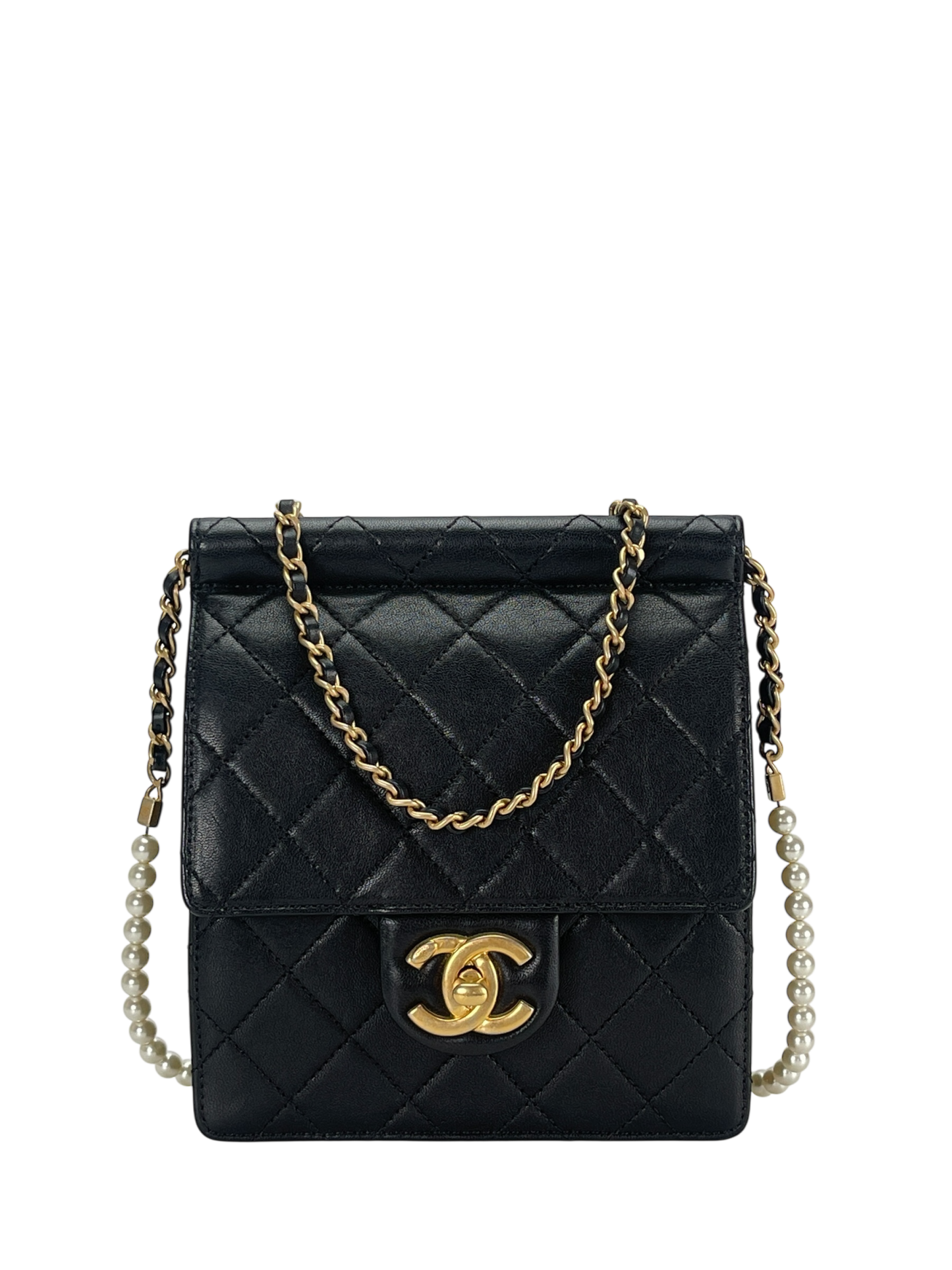 CHANEL - Black Lambskin Rucksack Vertical Pearls Flap Bag
