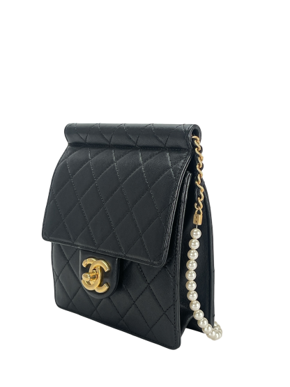 CHANEL - Black Lambskin Rucksack Vertical Pearls Flap Bag