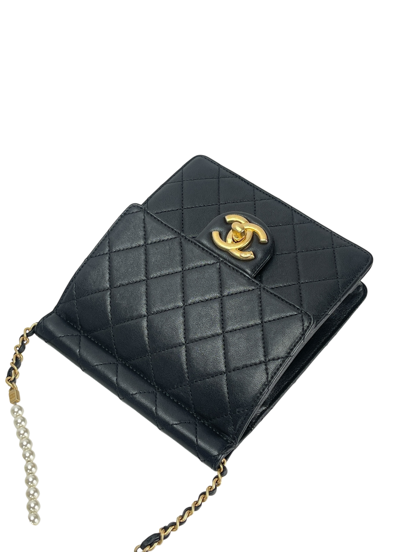 CHANEL - Black Lambskin Rucksack Vertical Pearls Flap Bag