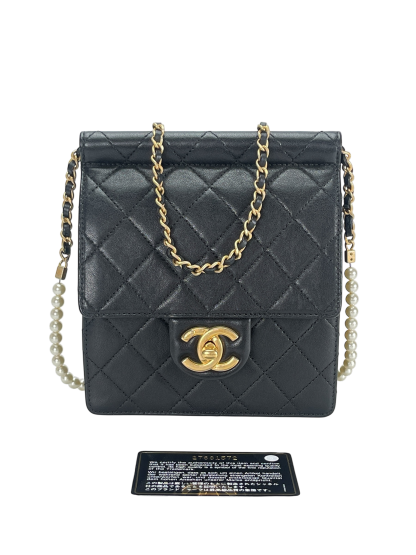 CHANEL - Black Lambskin Rucksack Vertical Pearls Flap Bag